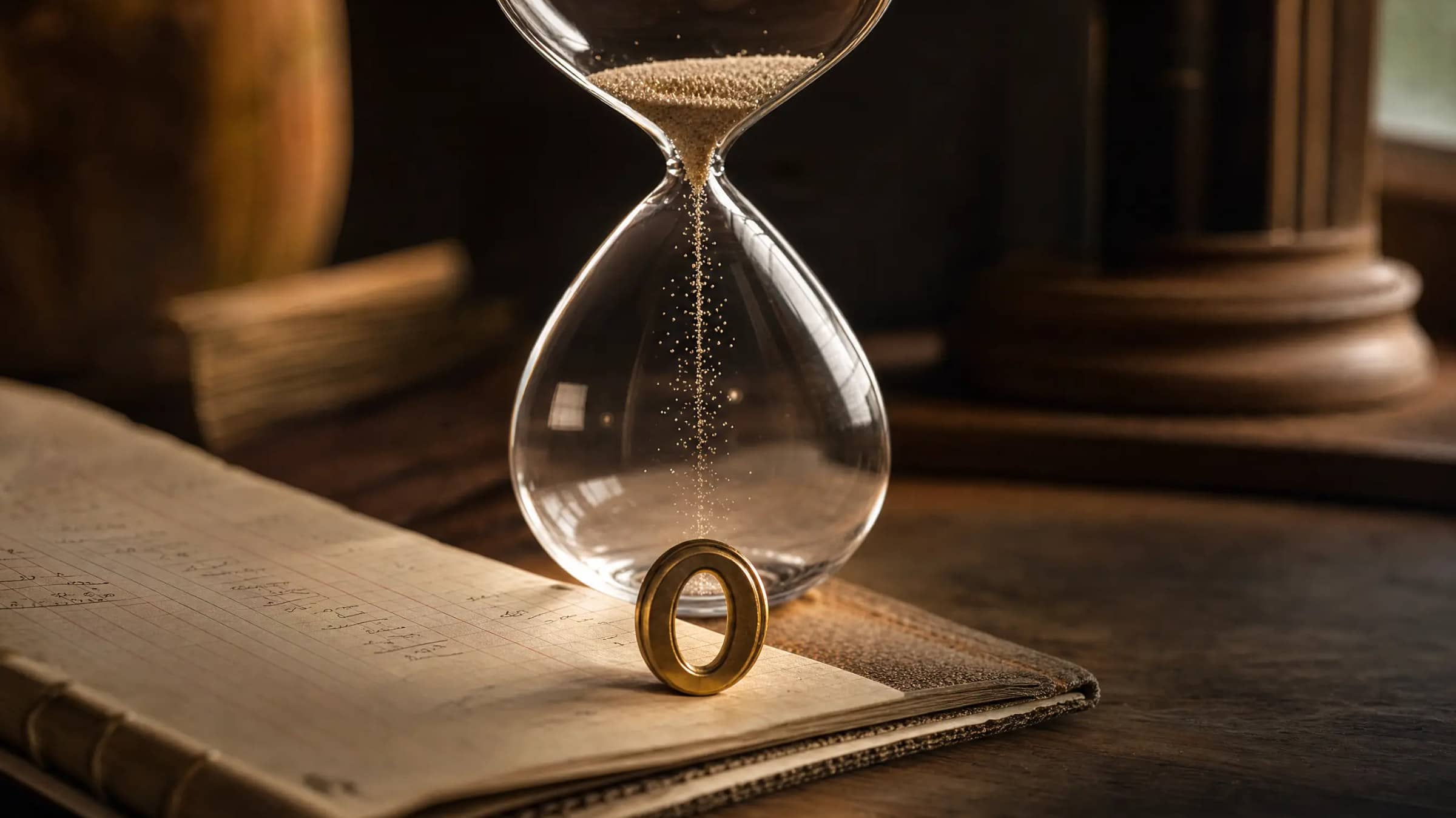 A glass hourglass with its upper chamber suspended above a carefully balanced business ledger