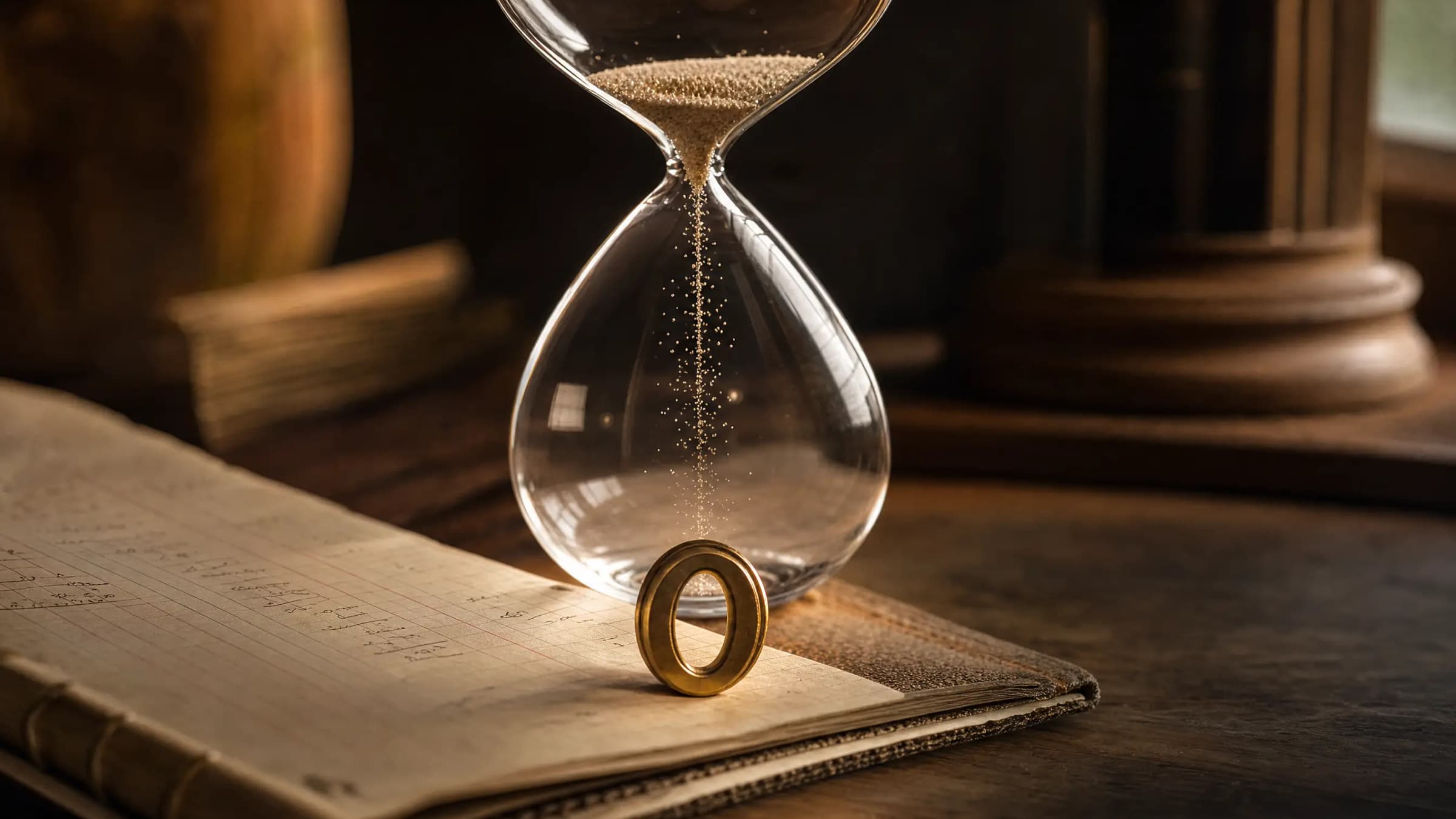 A glass hourglass with its upper chamber suspended above a carefully balanced business ledger