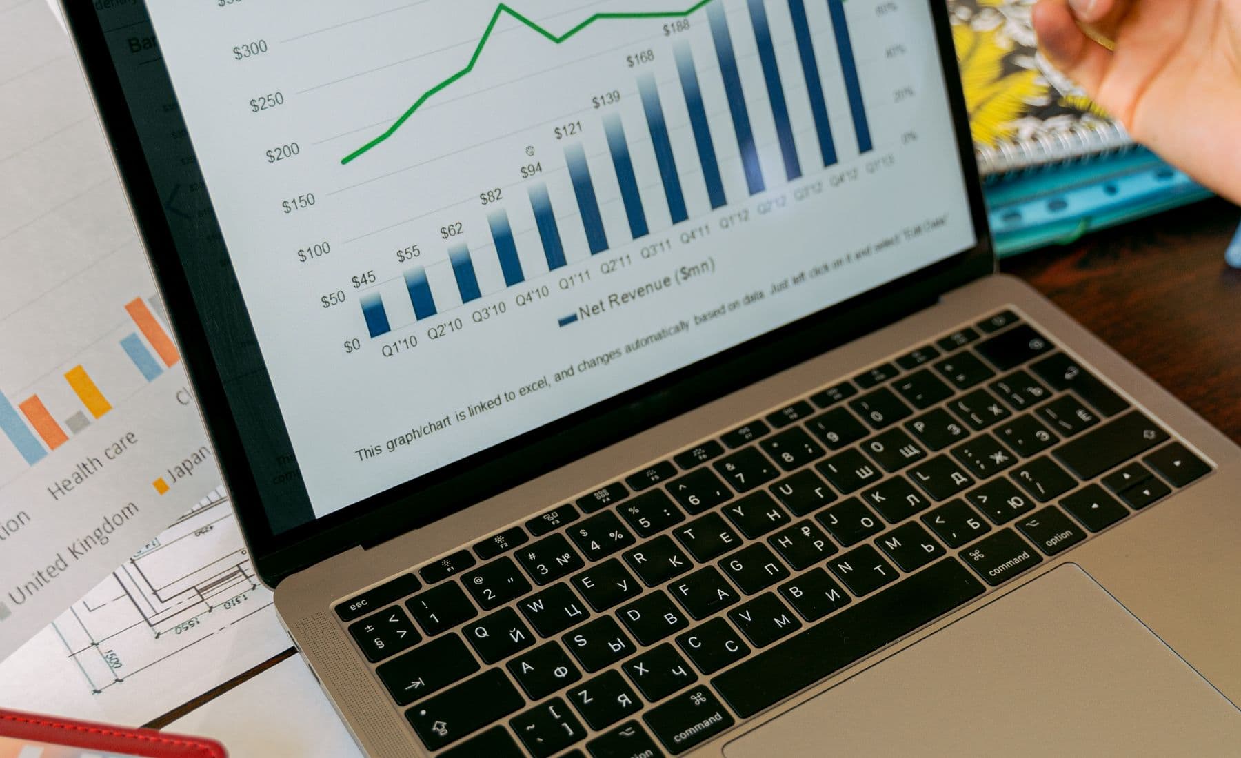 Laptop displaying revenue and business analytics charts.
