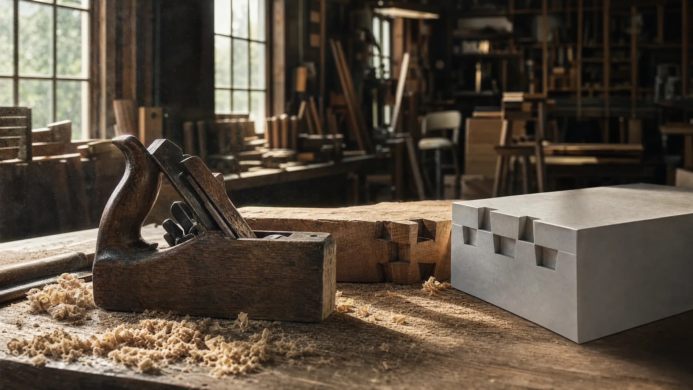 Historic joinery tools beside a modern prototype in an American workshop