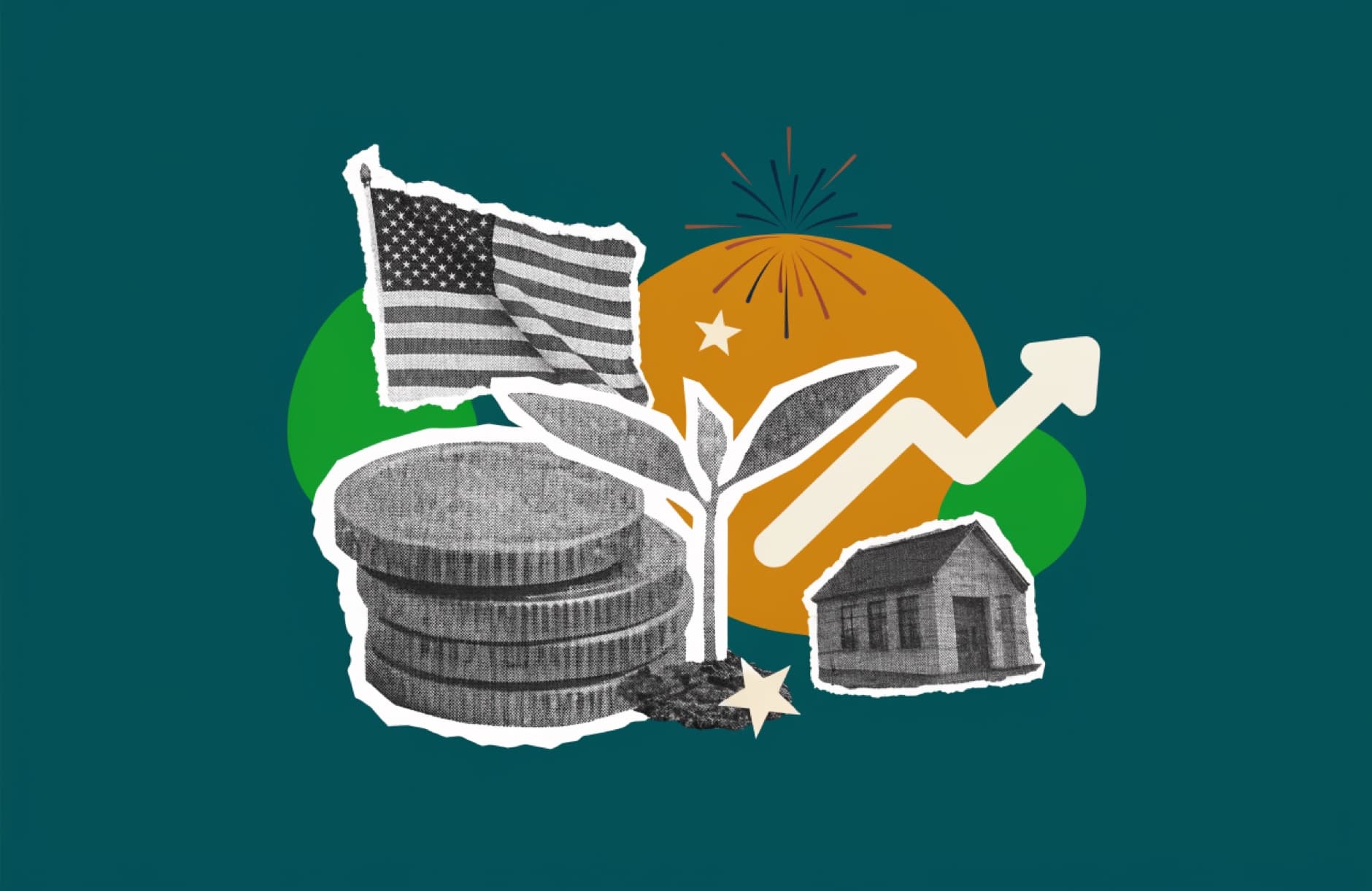 Editorial collage of the American flag, capital, enterprise, and growth.