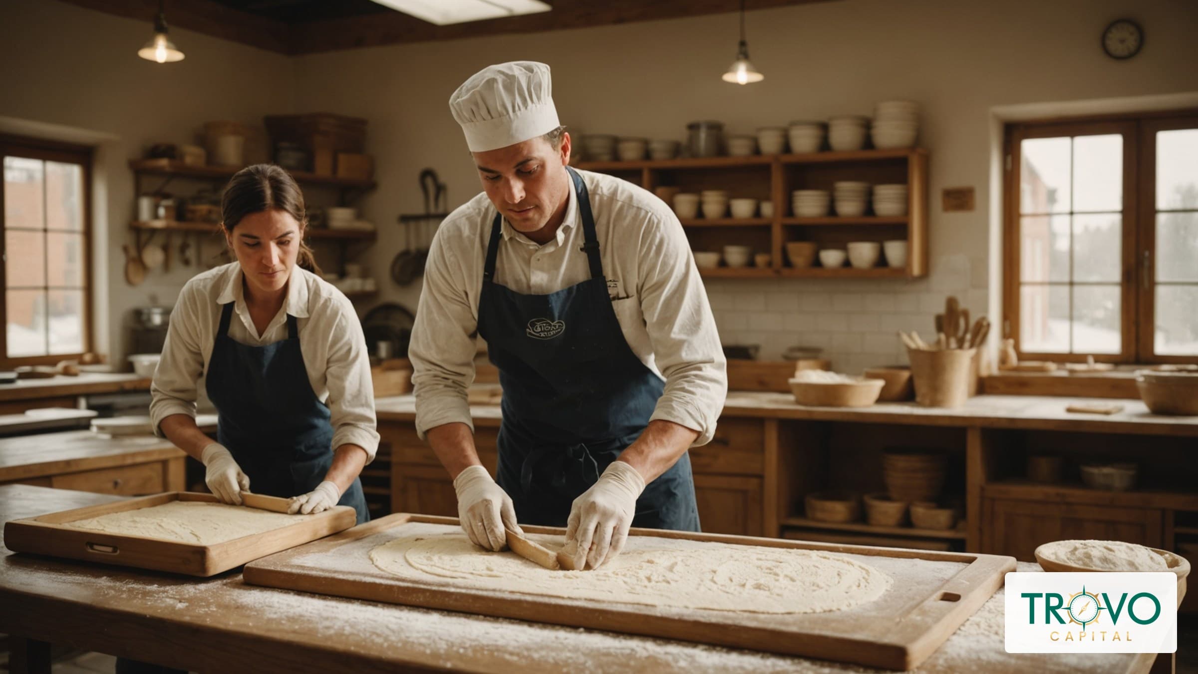 Bakery supervisor observing an employee practicing dough portioning at a flour-dusted workbench.
