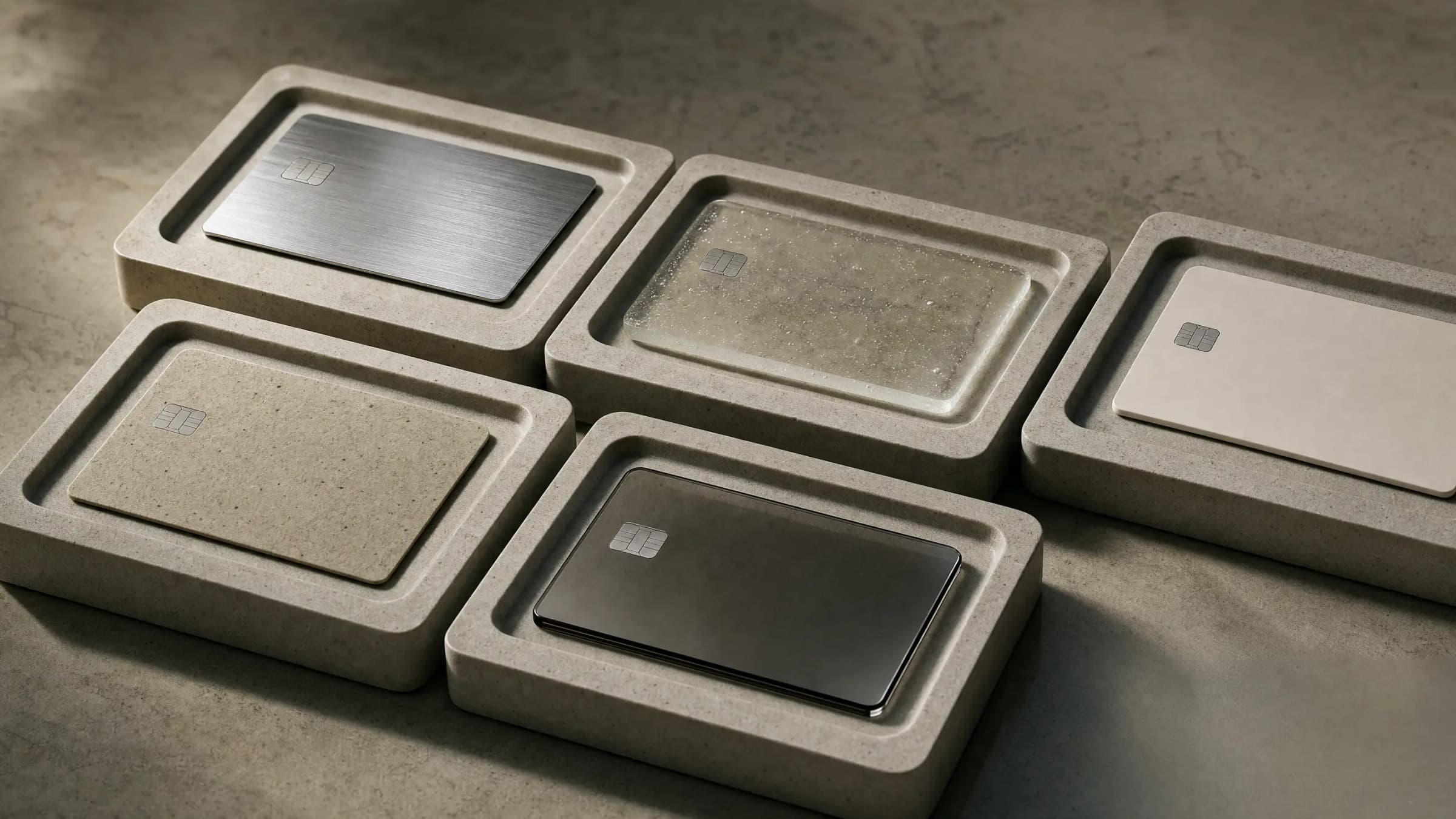 Five materially distinct blank business cards arranged for careful comparison