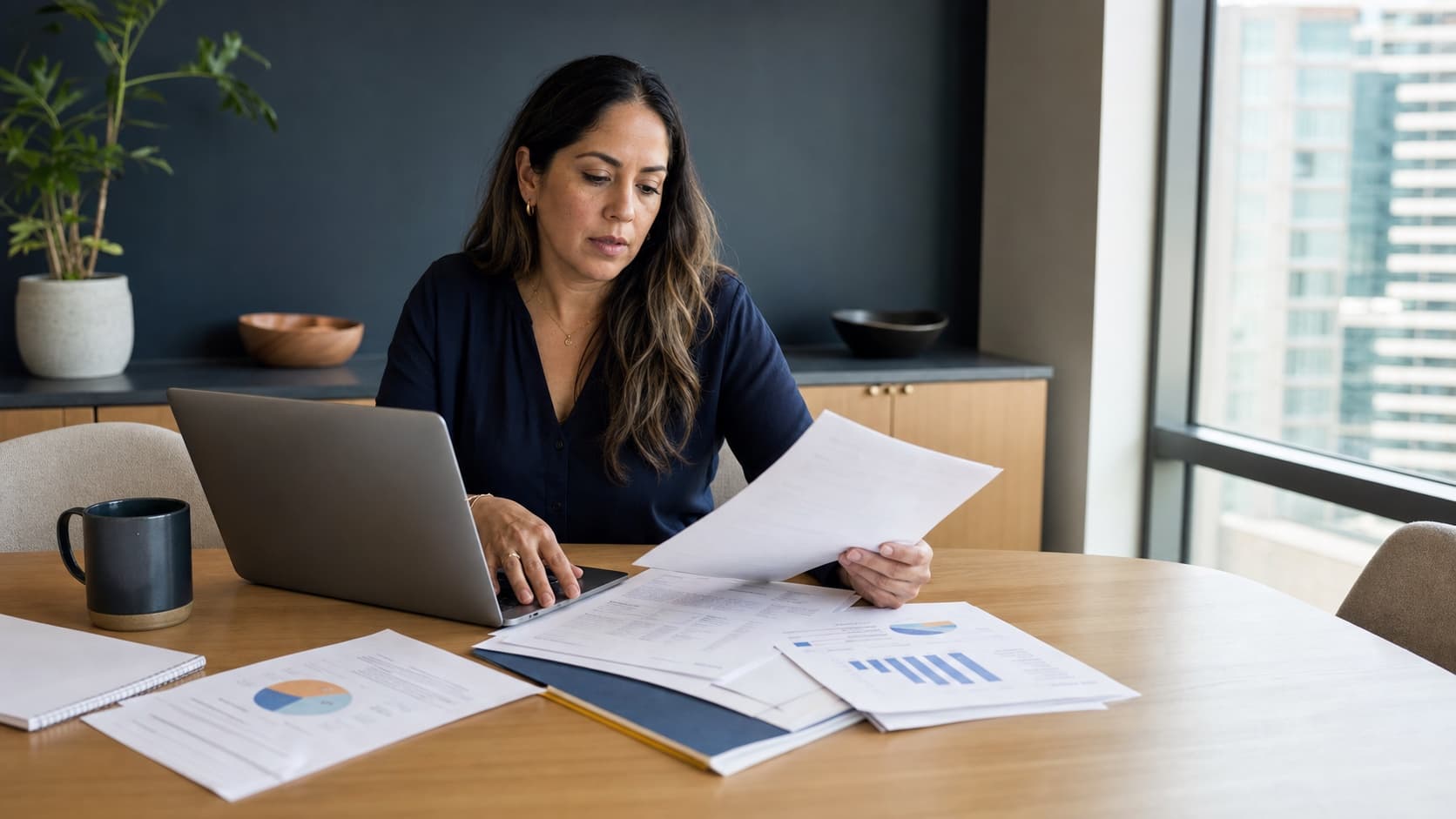 Founder reviewing fundraising disclosures, financial charts, and milestone plans at a conference table
