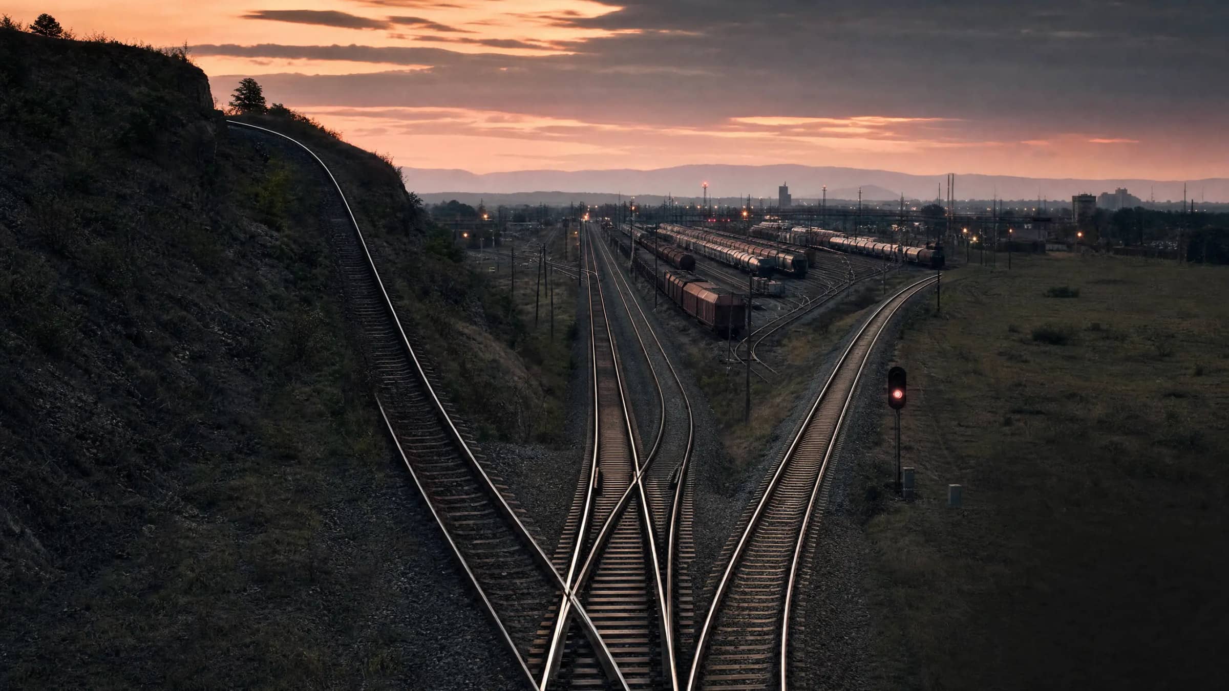 A rail switch dividing one founder route into borrowing, equity, and waiting paths