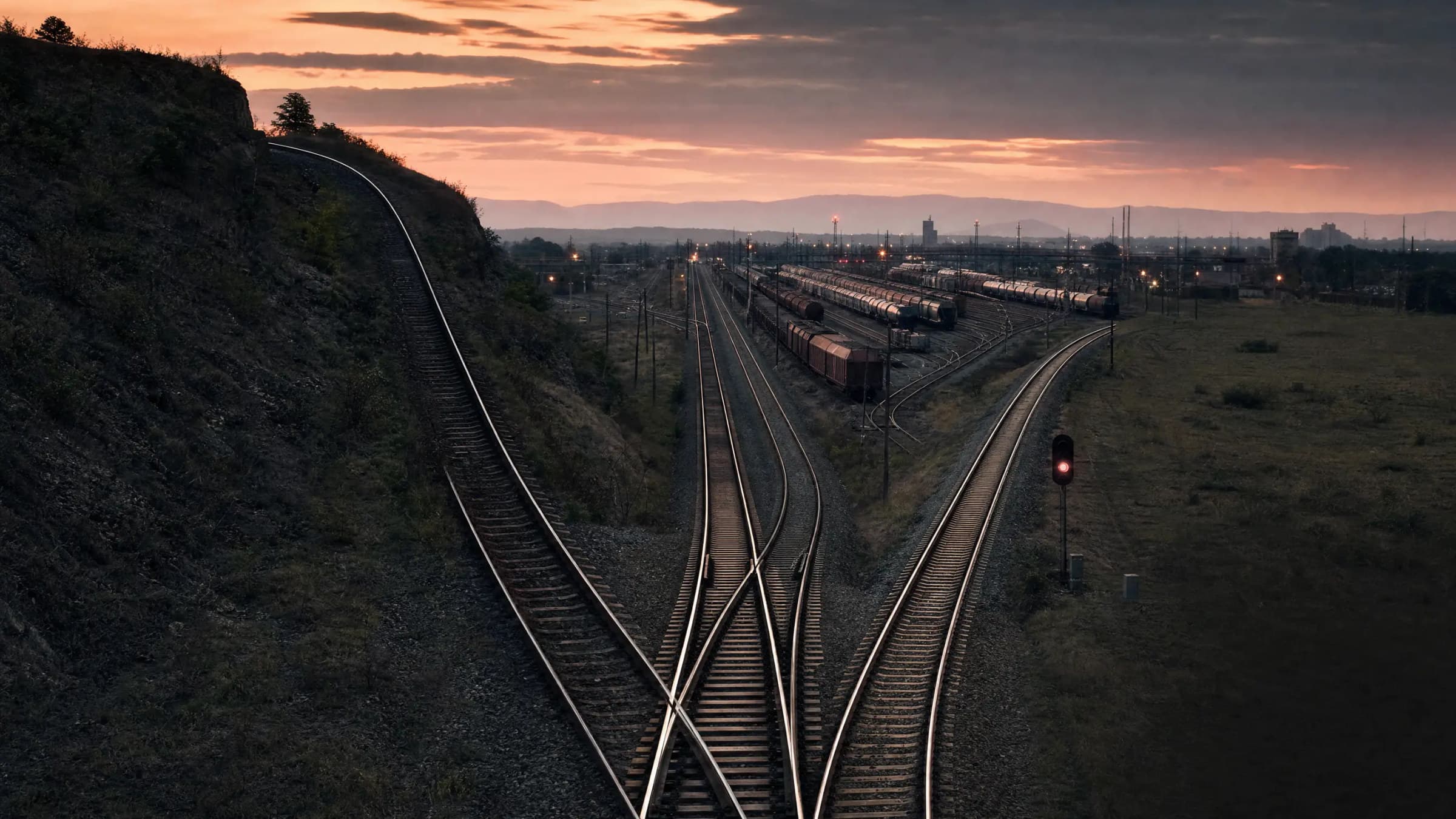A rail switch dividing one founder route into borrowing, equity, and waiting paths