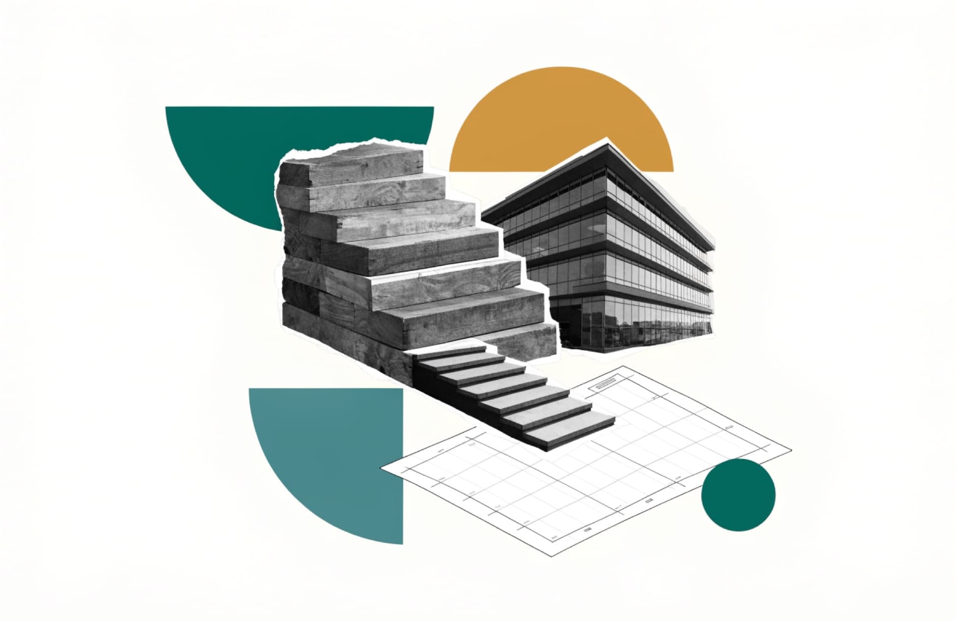 Editorial collage of steps rising toward a modern business building.
