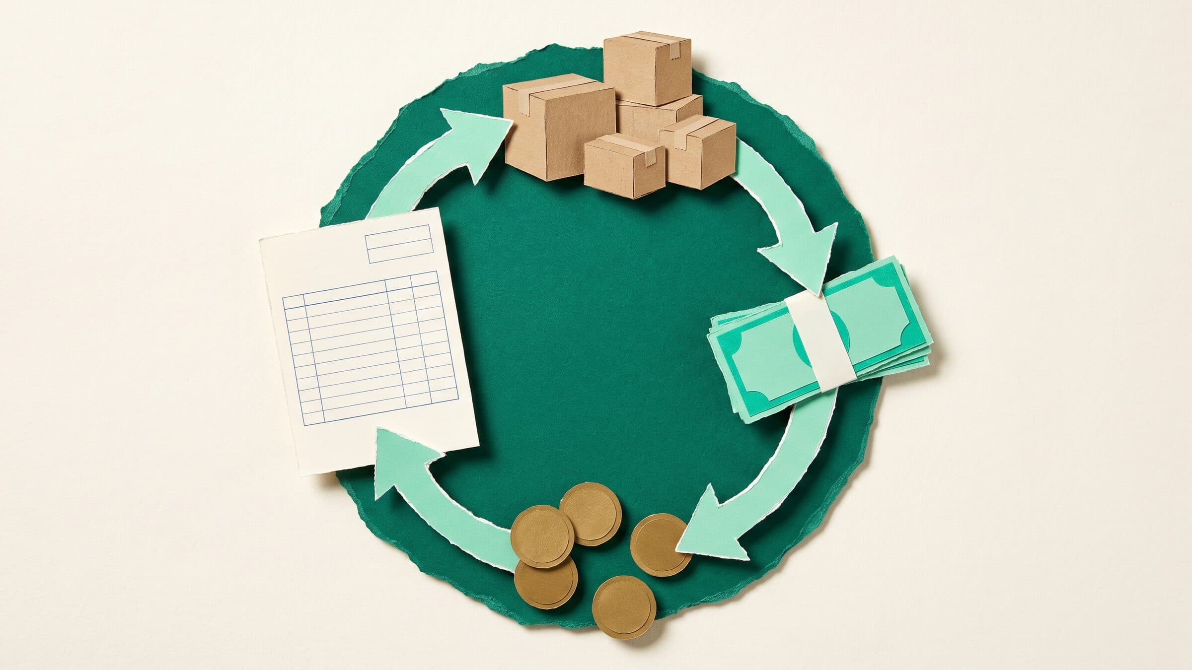 Paper collage of a cash conversion loop: a blank invoice, cardboard boxes, mint banknotes, and gold coins linked by arrows on an emerald disc