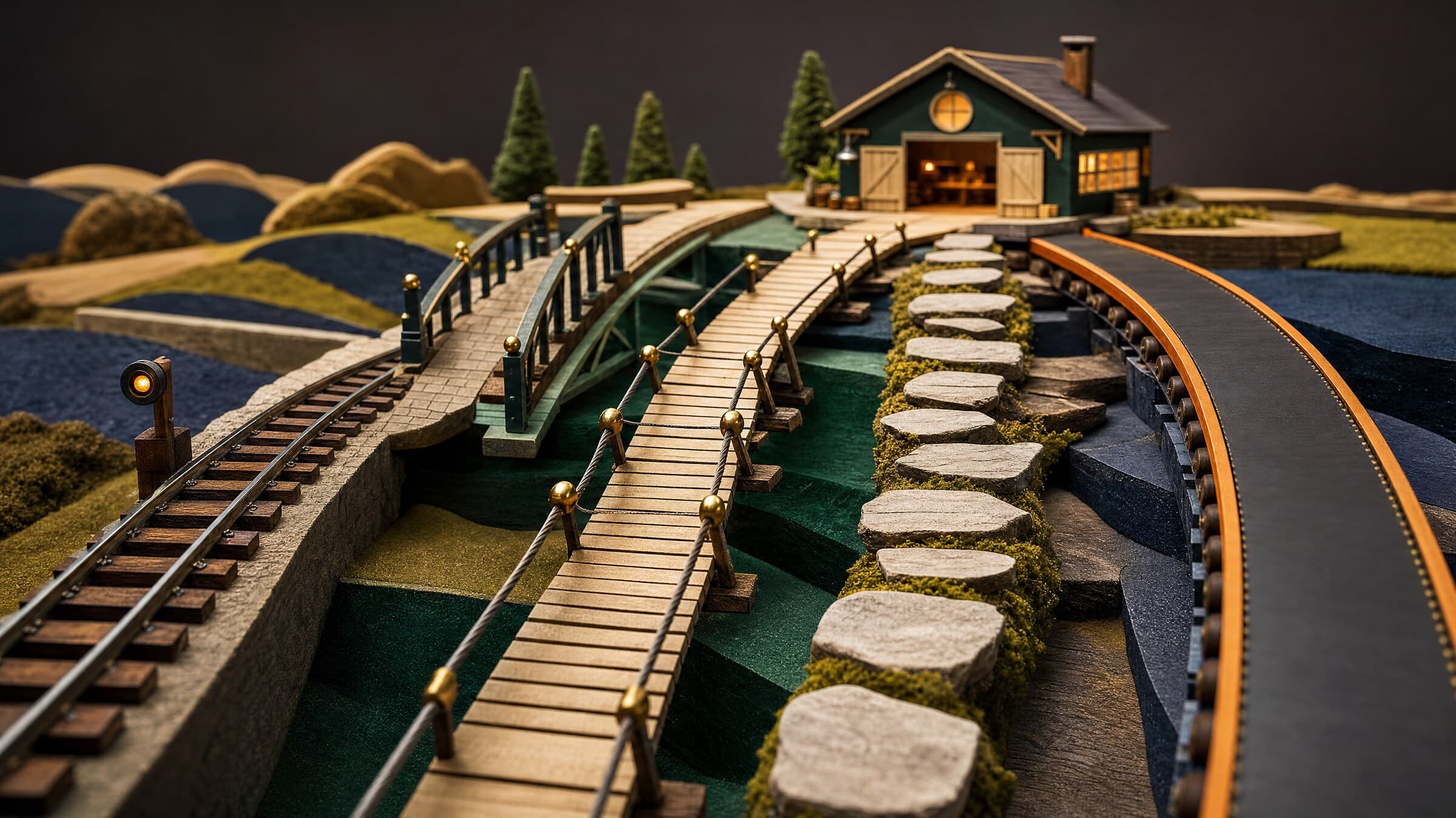 Handcrafted miniature of five different routes converging on one small workshop