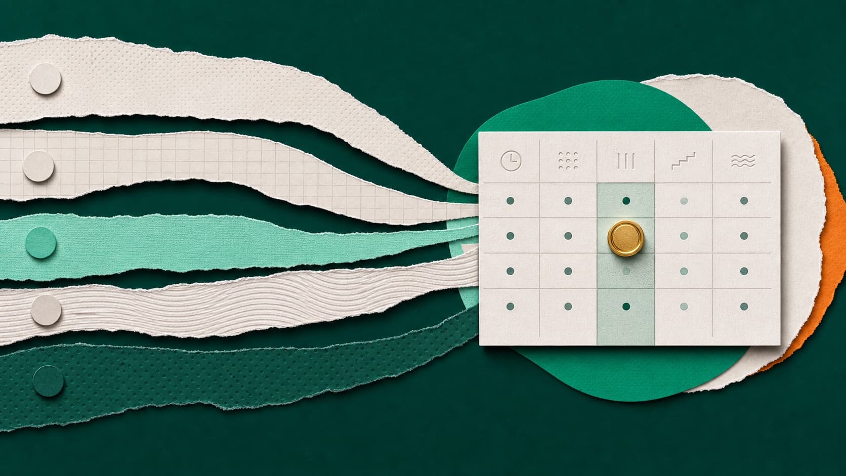 Five paper pathways converging on a funding comparison matrix with one gold selection marker