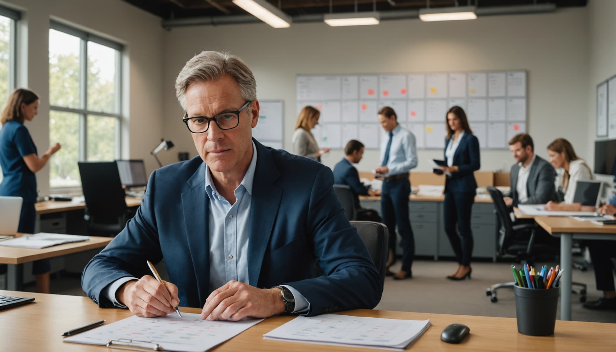 Founder reviewing a crowded calendar and project list at a desk