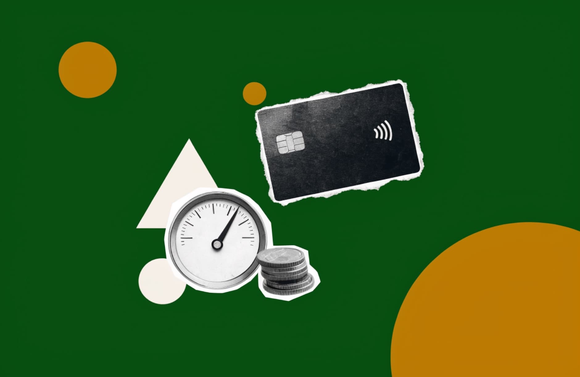 Editorial collage of a business credit card, gauge, and stacked coins.