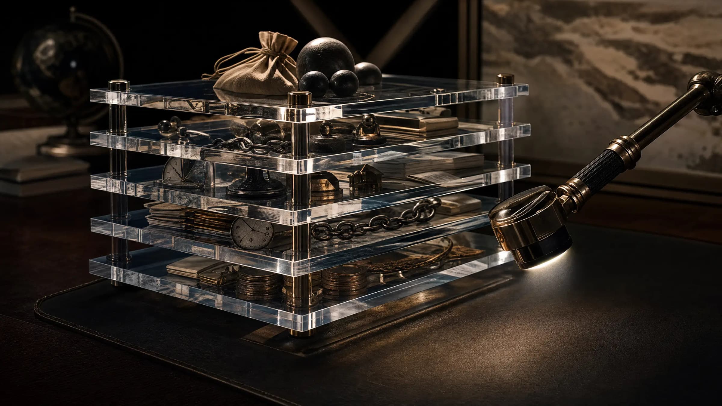 A forensic debt stack separated into clear layers for inspection