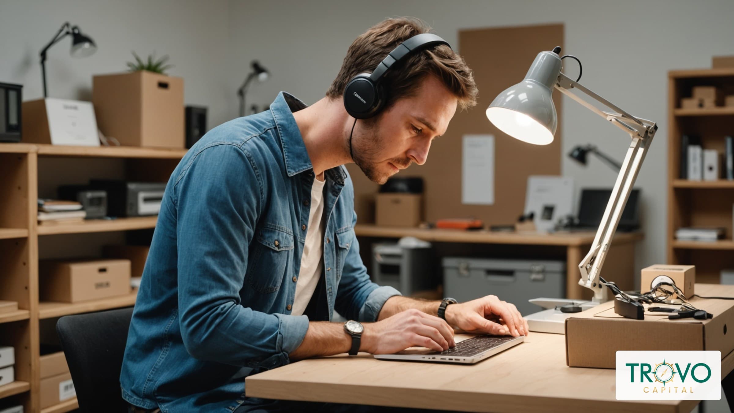 Customer support employee inspecting a returned desk lamp beside a laptop in a small retailer’s back office.