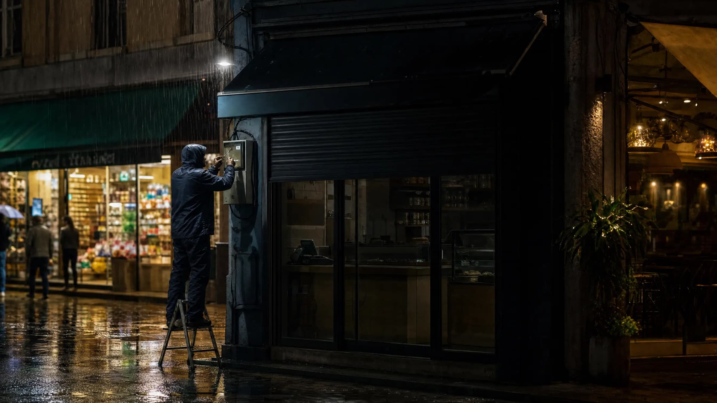 A darkened storefront after its digital sign connection has been severed