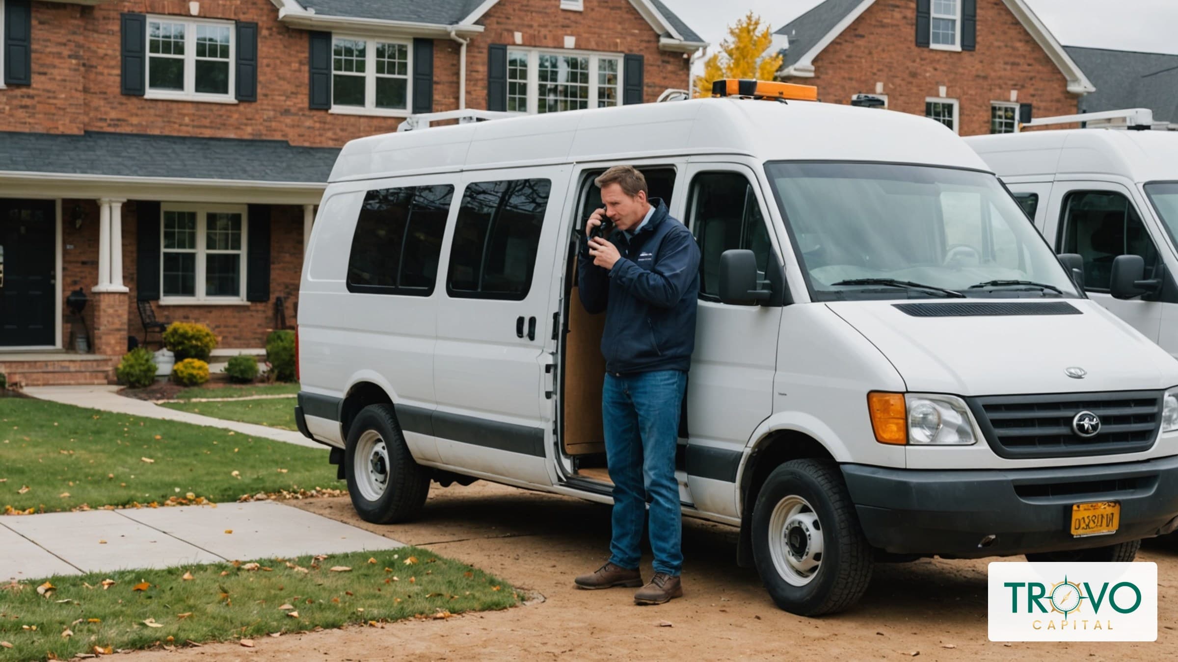 Contractor taking a phone call beside a parked work van at a residential renovation site.