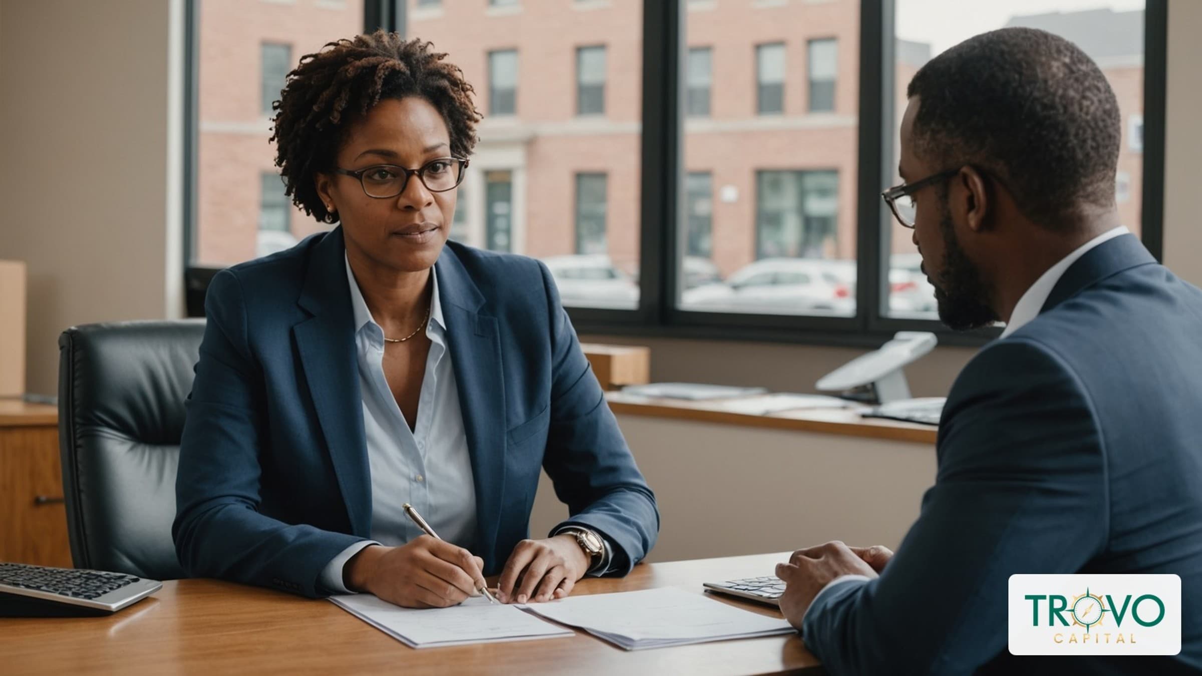 Business owner meeting with a banker across a desk in a neighborhood bank office