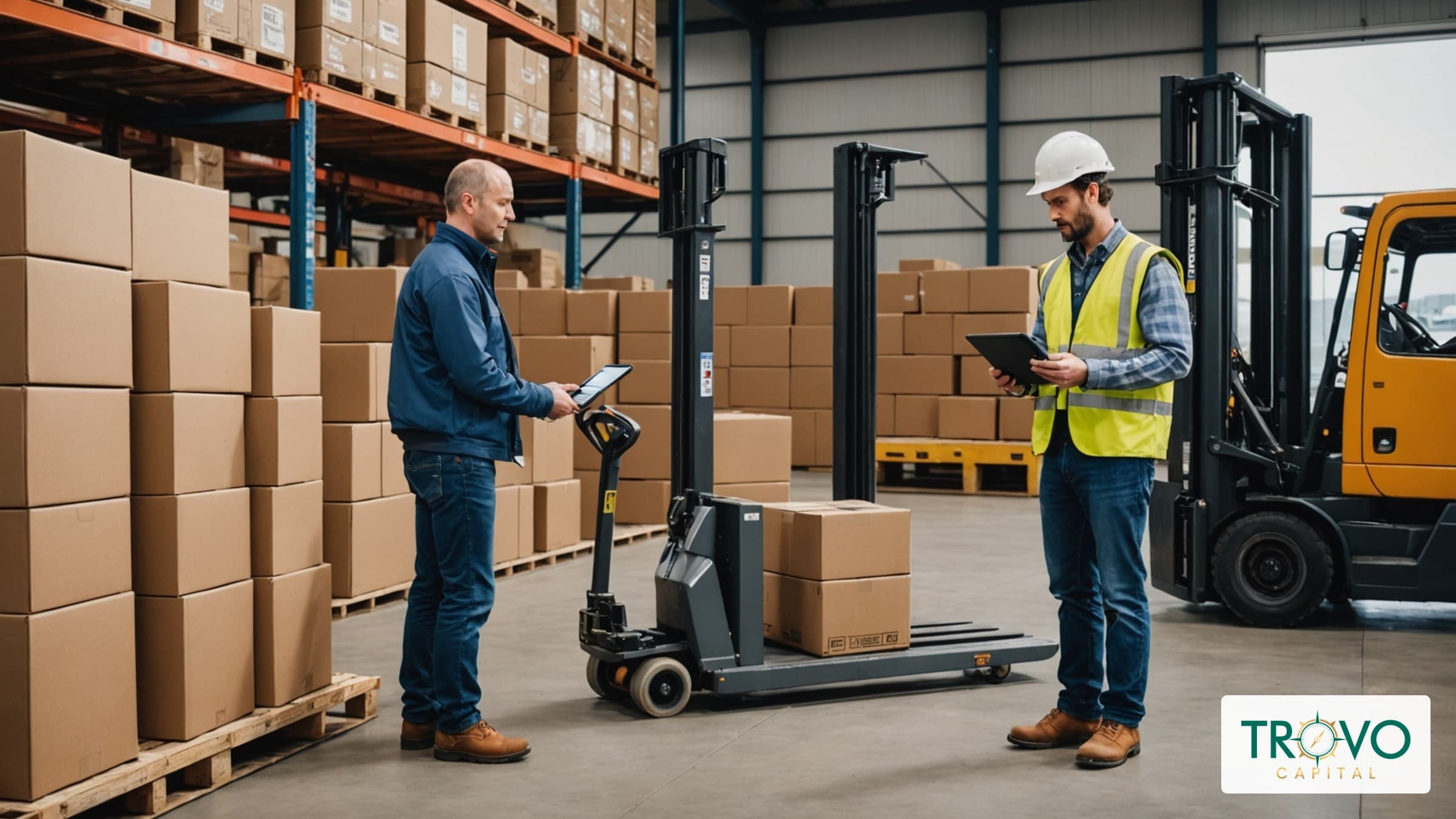 Wholesale receiving manager checking a delivery with a courier beside cartons at a loading dock