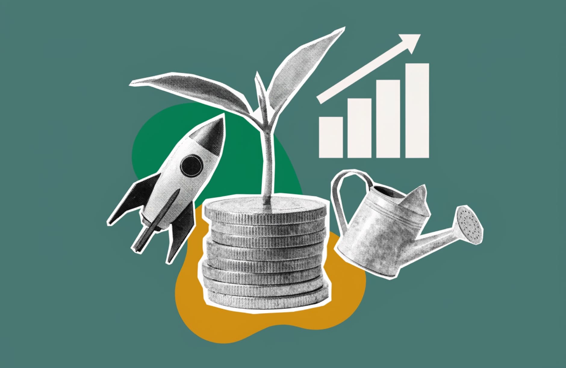 Editorial collage of capital growing into a business launch and rising results.