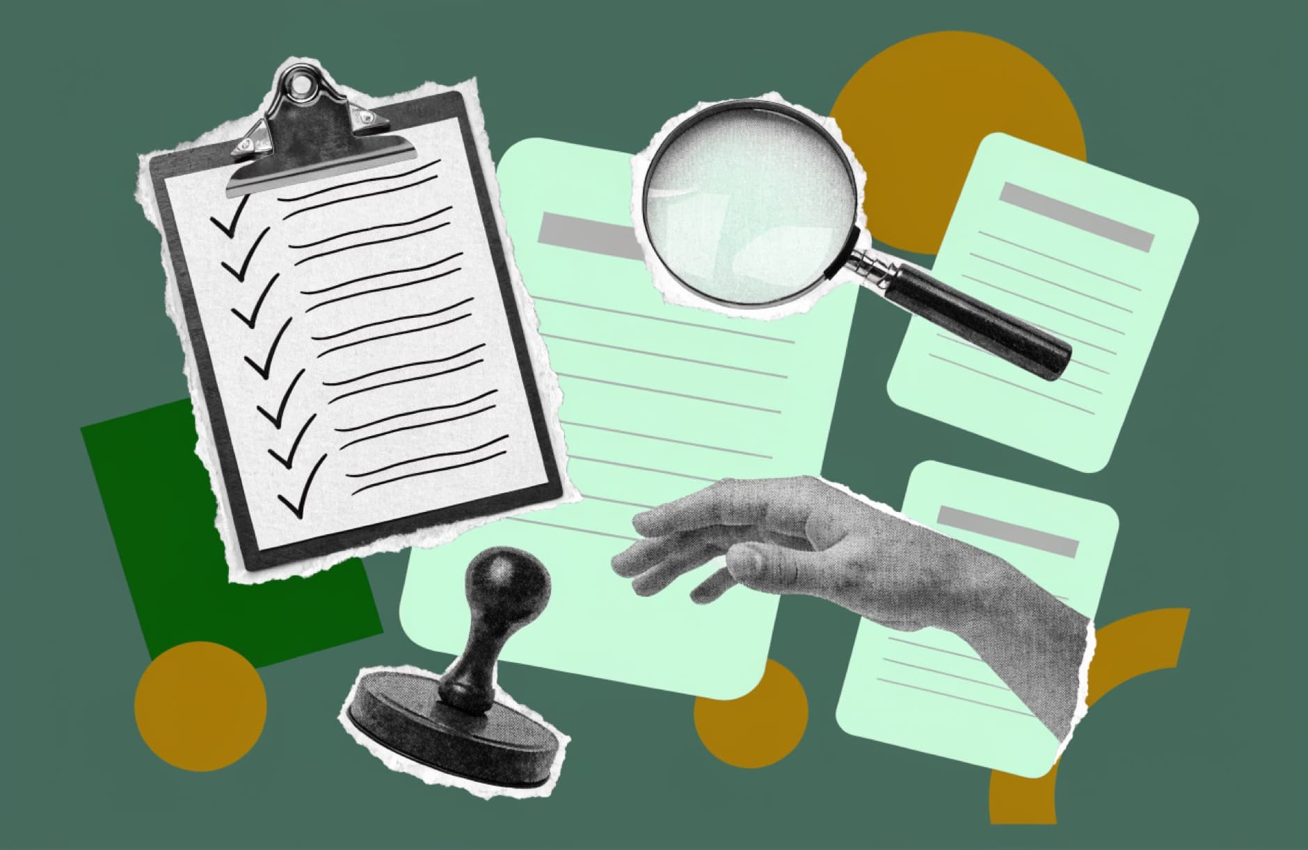 Editorial collage of a checklist, documents, and a close review.