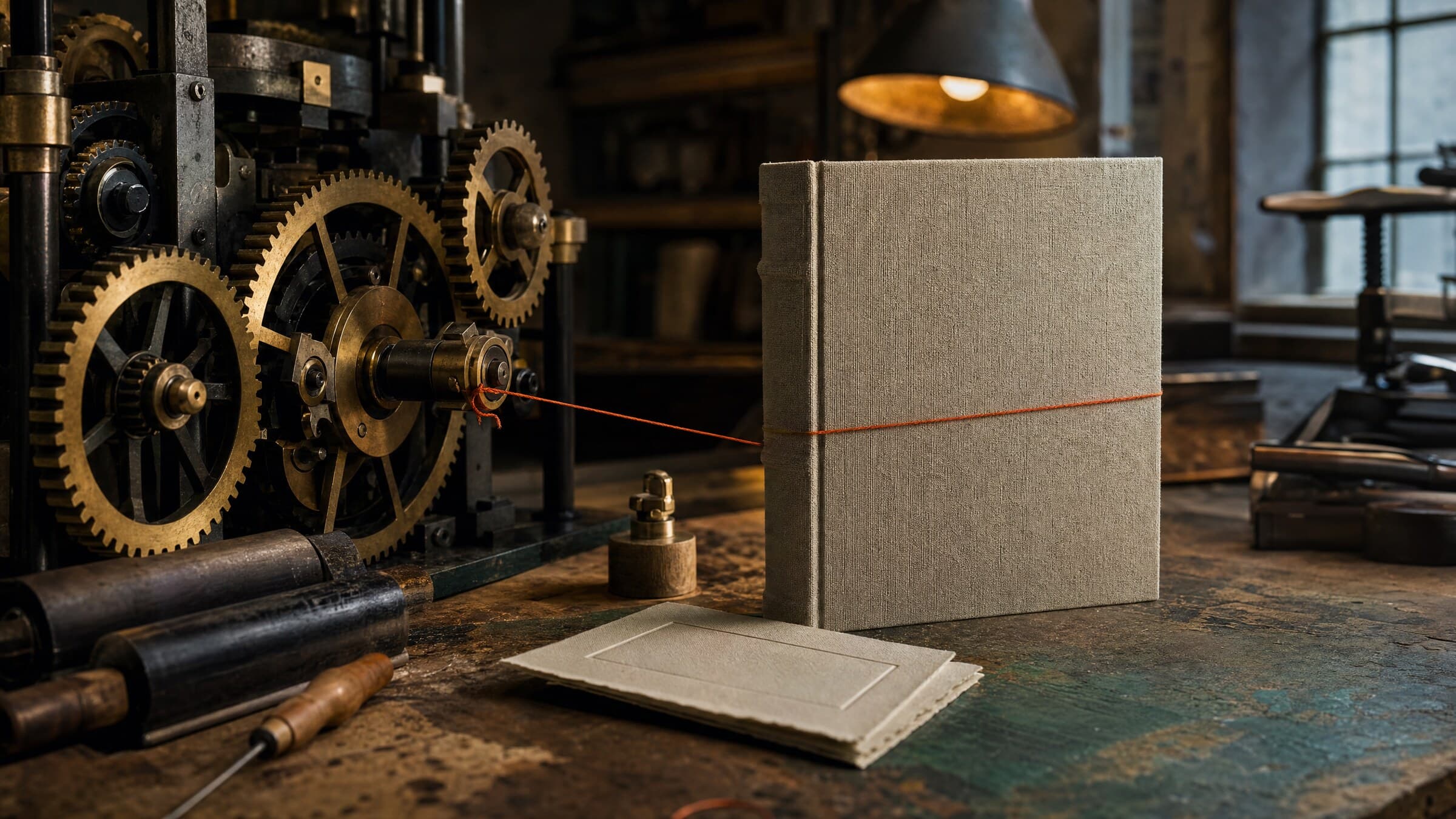 Linen-bound product connected by orange thread to a working brass press in a bookbinding workshop