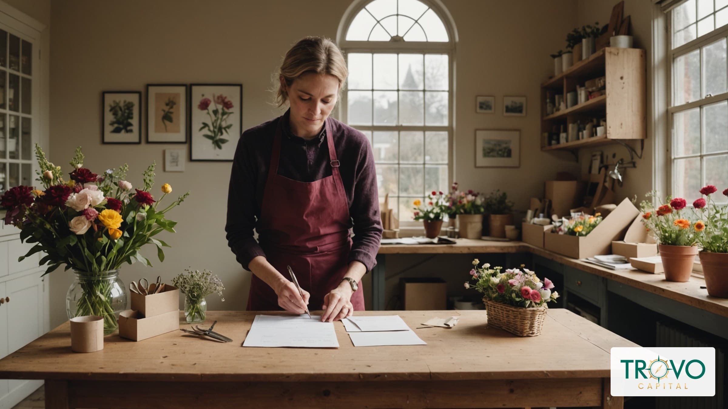 Florist reviewing correspondence beside a worktable with flowers and wrapping supplies.