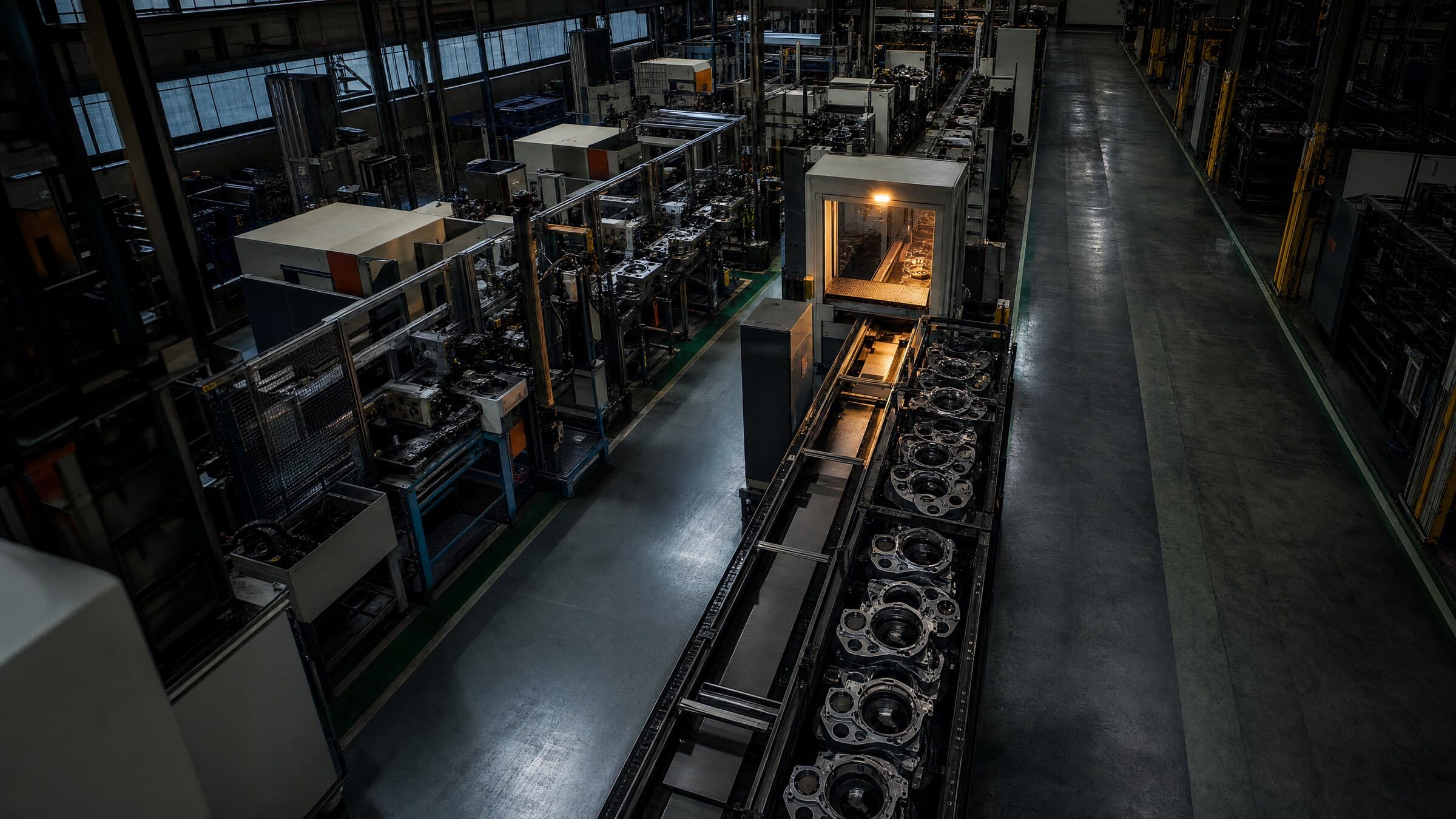 Manufacturing cells converging on one narrow, amber-lit inspection gate