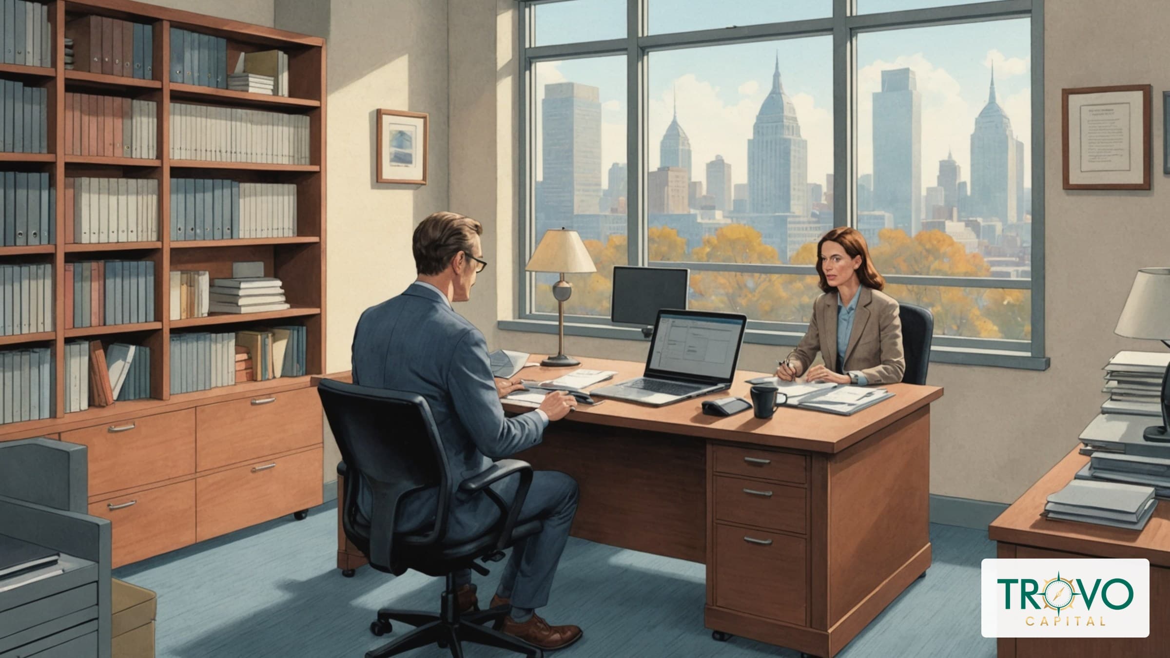 Business owner and bookkeeper reviewing a laptop together in a modest office