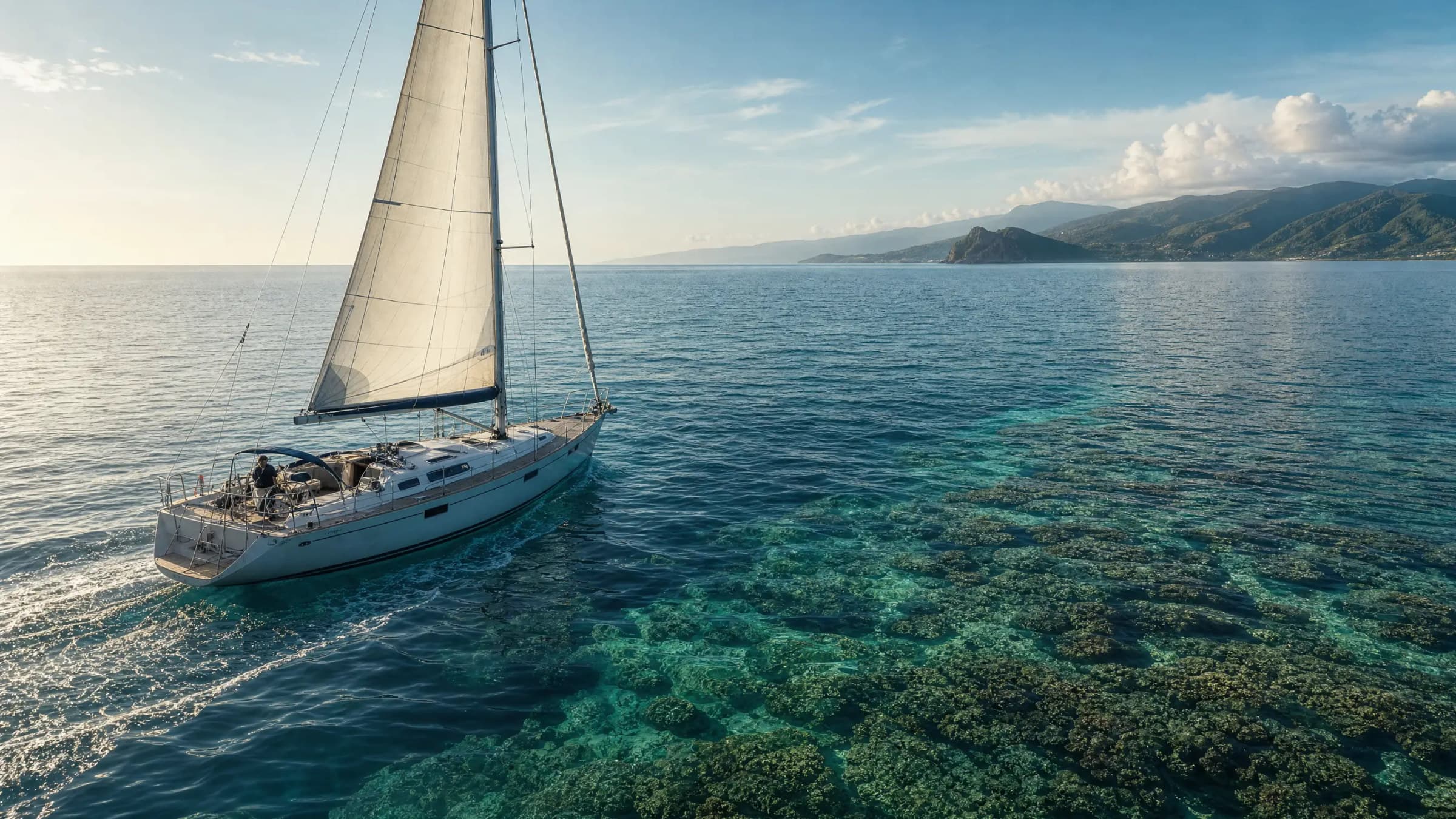 A small business sailboat keeping careful clearance above a hidden reef
