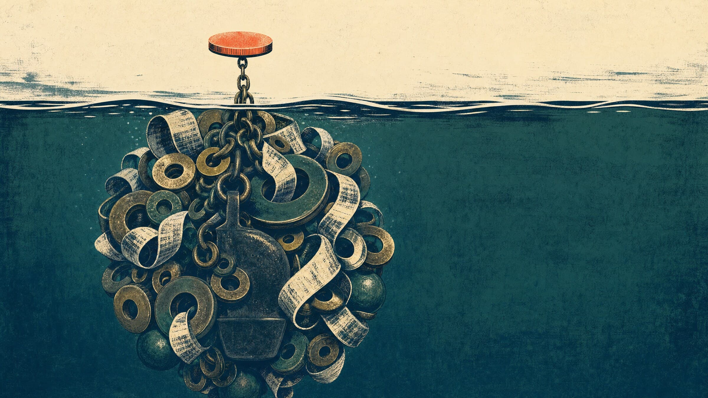 Screenprint of a small price token floating above a large submerged mass of fees and weights