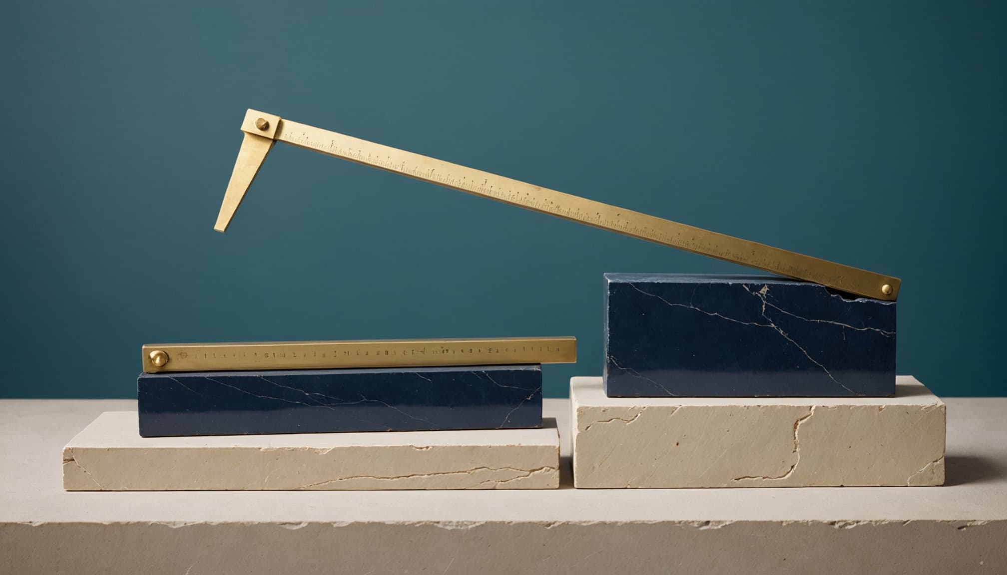 Two brass measuring rules resting on navy marble blocks of unequal height, set on limestone slabs against a deep teal background