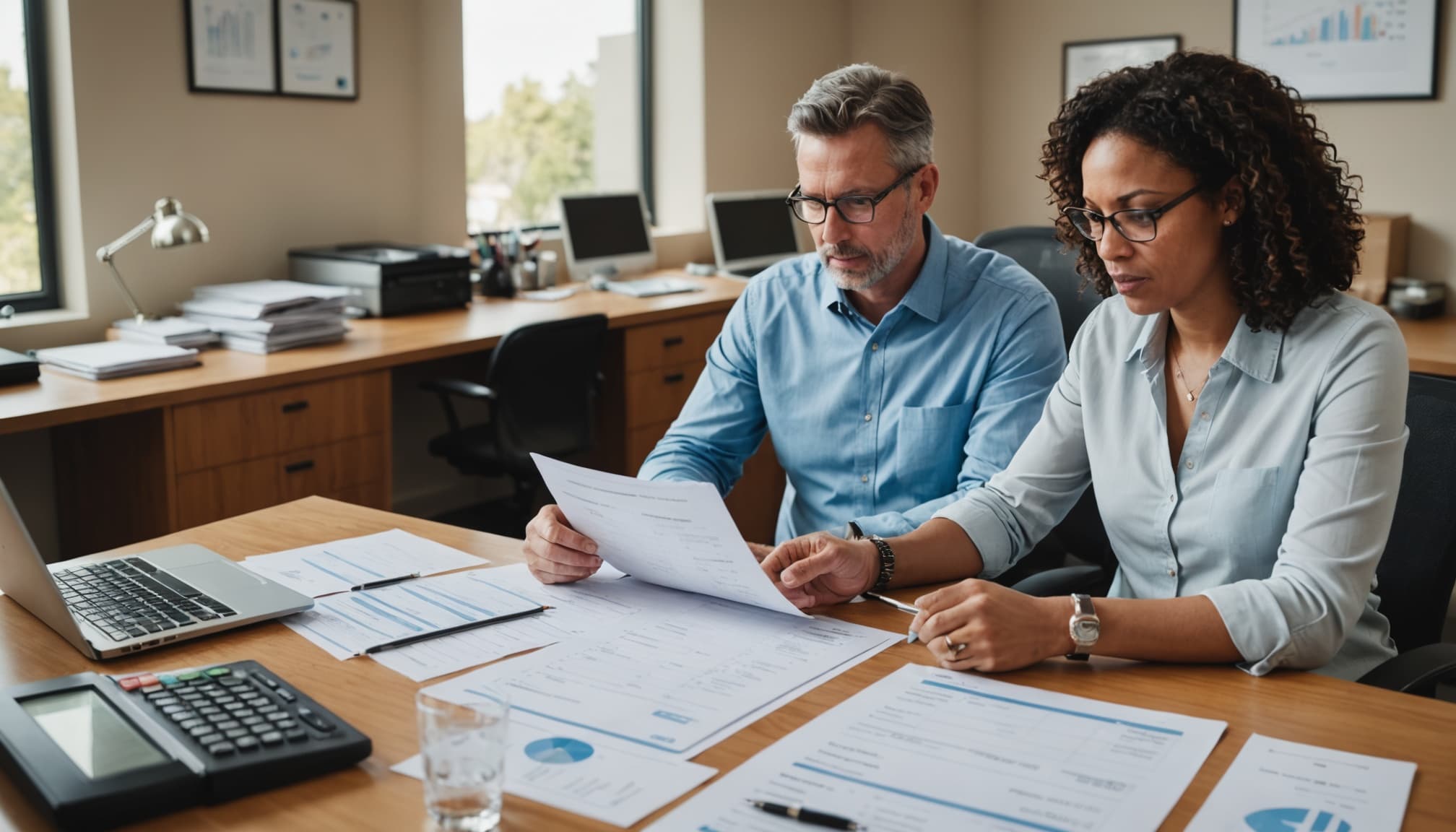 Business owner reviewing overdue invoice records and cash flow report at a desk
