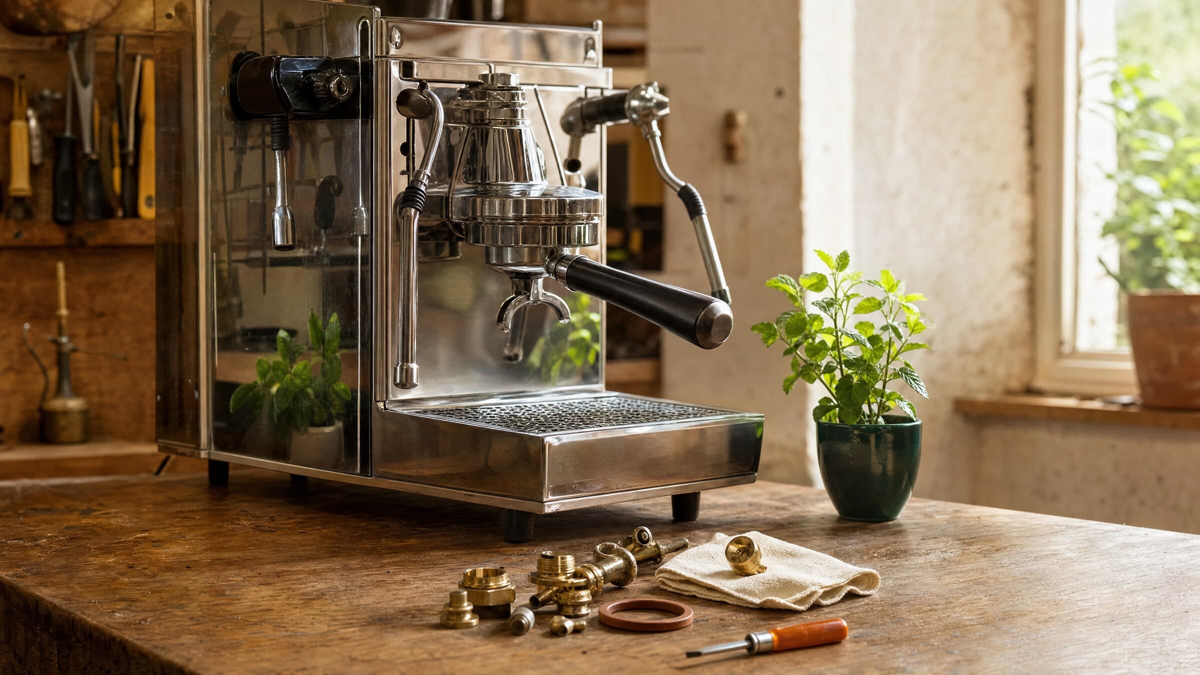 Restored espresso machine and organized service parts on a sunlit repair bench