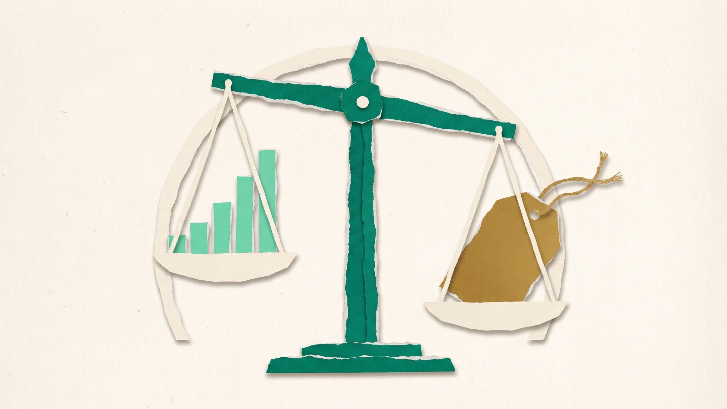 Paper collage of a balance scale weighing a rising mint bar chart against a heavier gold price tag