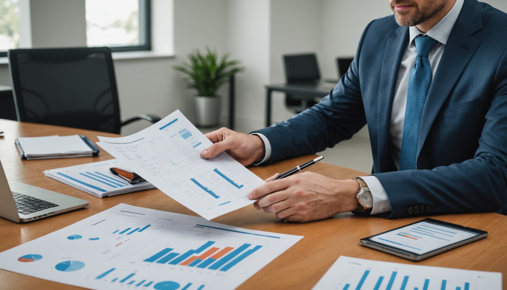 Business owner reviewing financial reports and operating metrics at a conference table