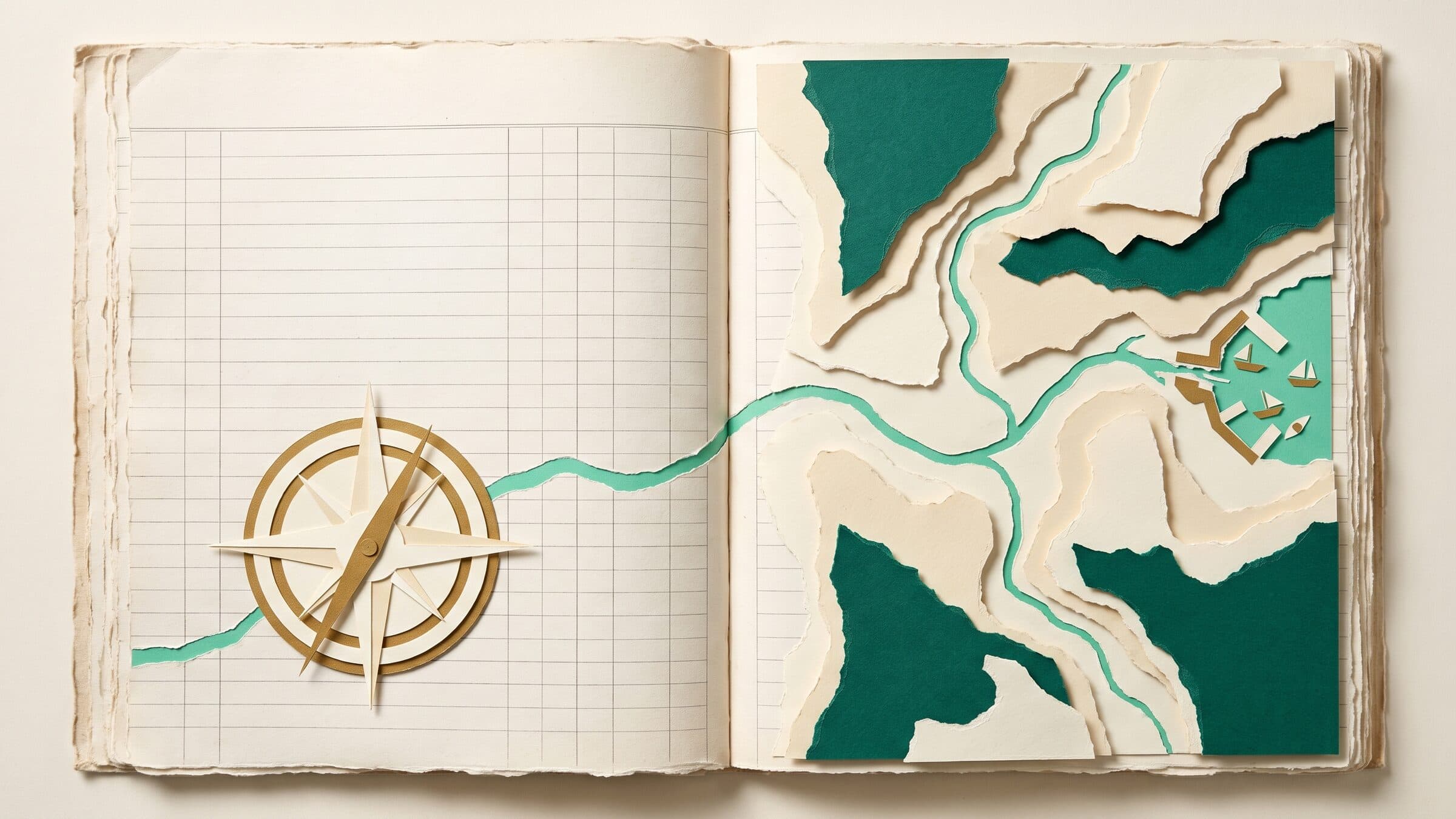 Paper collage of an open ledger holding a torn paper map with mint routes to a small harbor and a gold compass needle