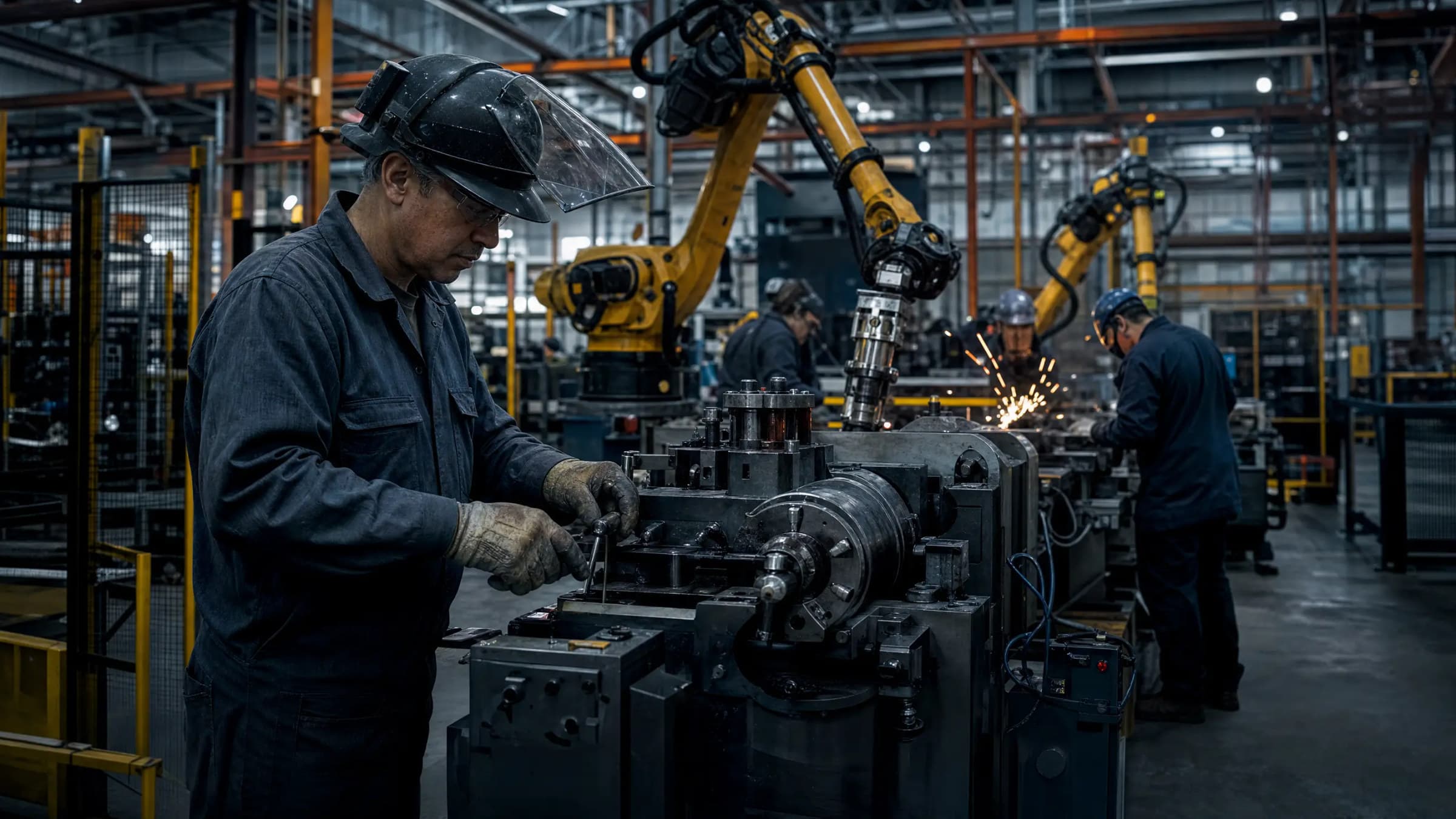 A modern American manufacturing floor backed by a reinforced support frame