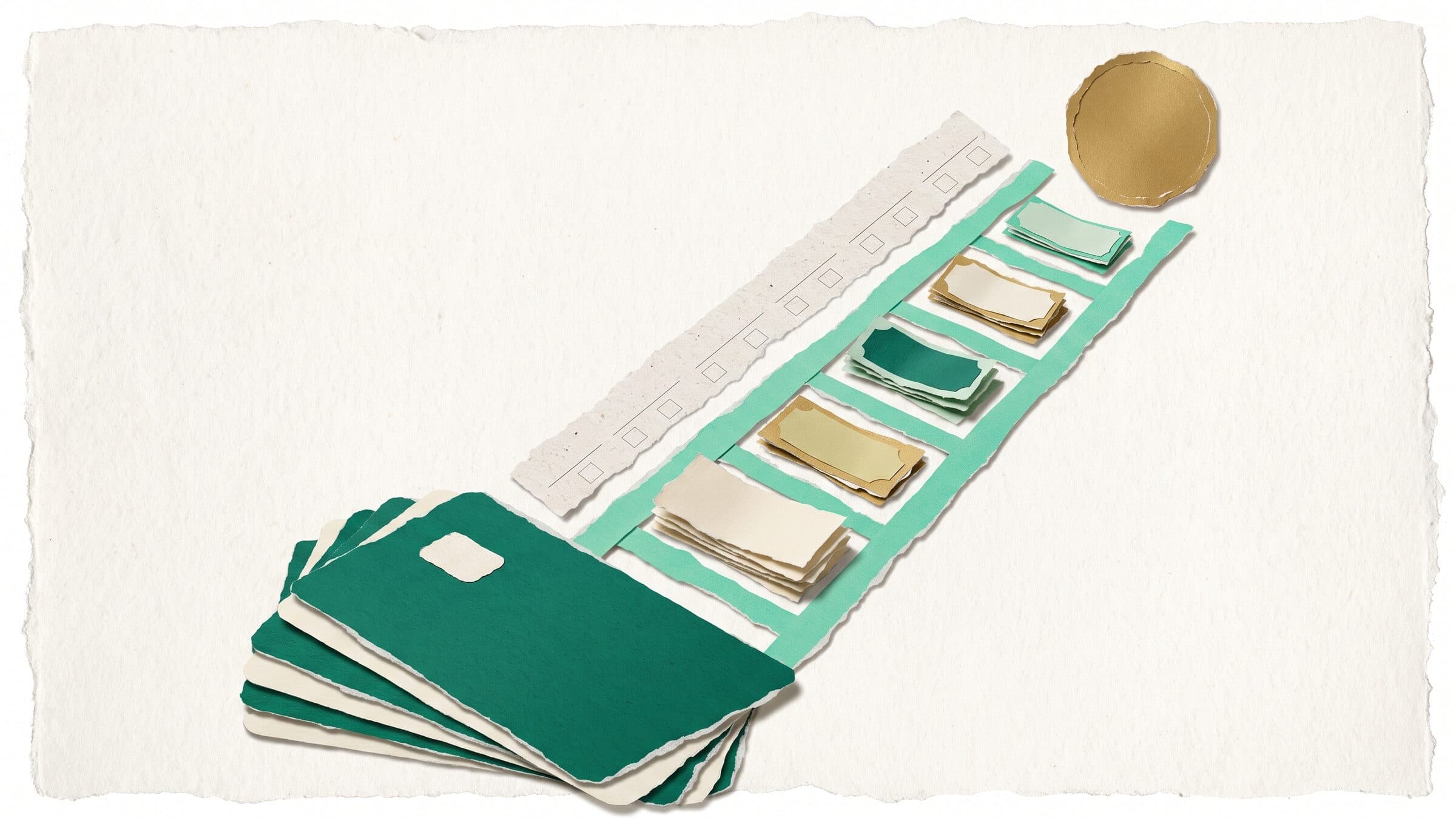 Paper collage of a deck of emerald credit cards with a mint paper ladder of shrinking payment stacks climbing to a gold coin