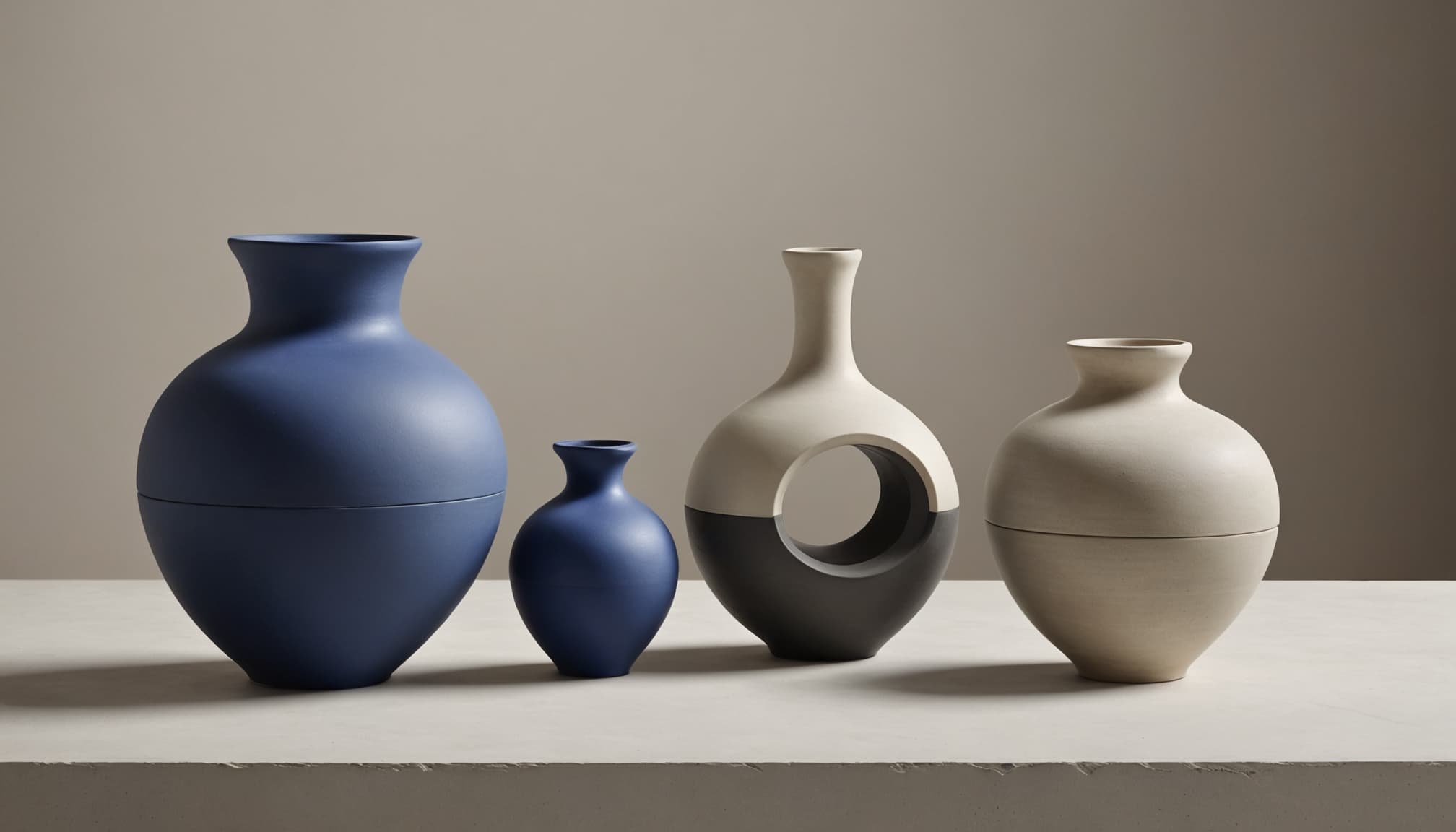 Four matte ceramic vessels in navy, cream, and charcoal arranged on a neutral tabletop