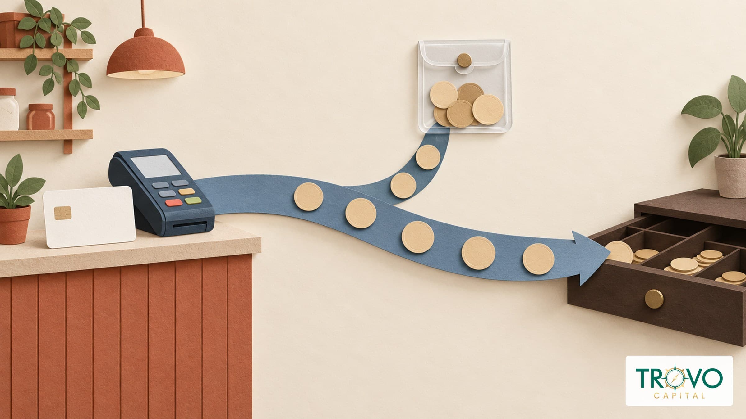 Cut-paper illustration of payment slips moving toward a cash drawer, with some held in a separate transparent pocket.