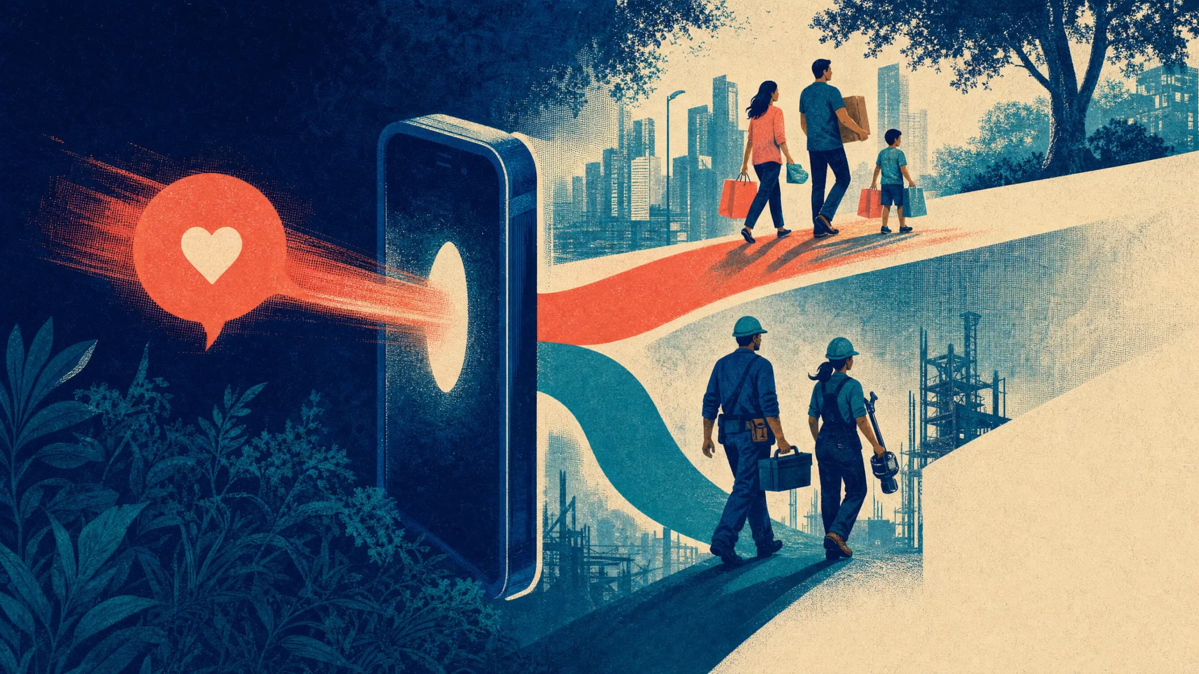 A social feed splitting into customer and talent pathways