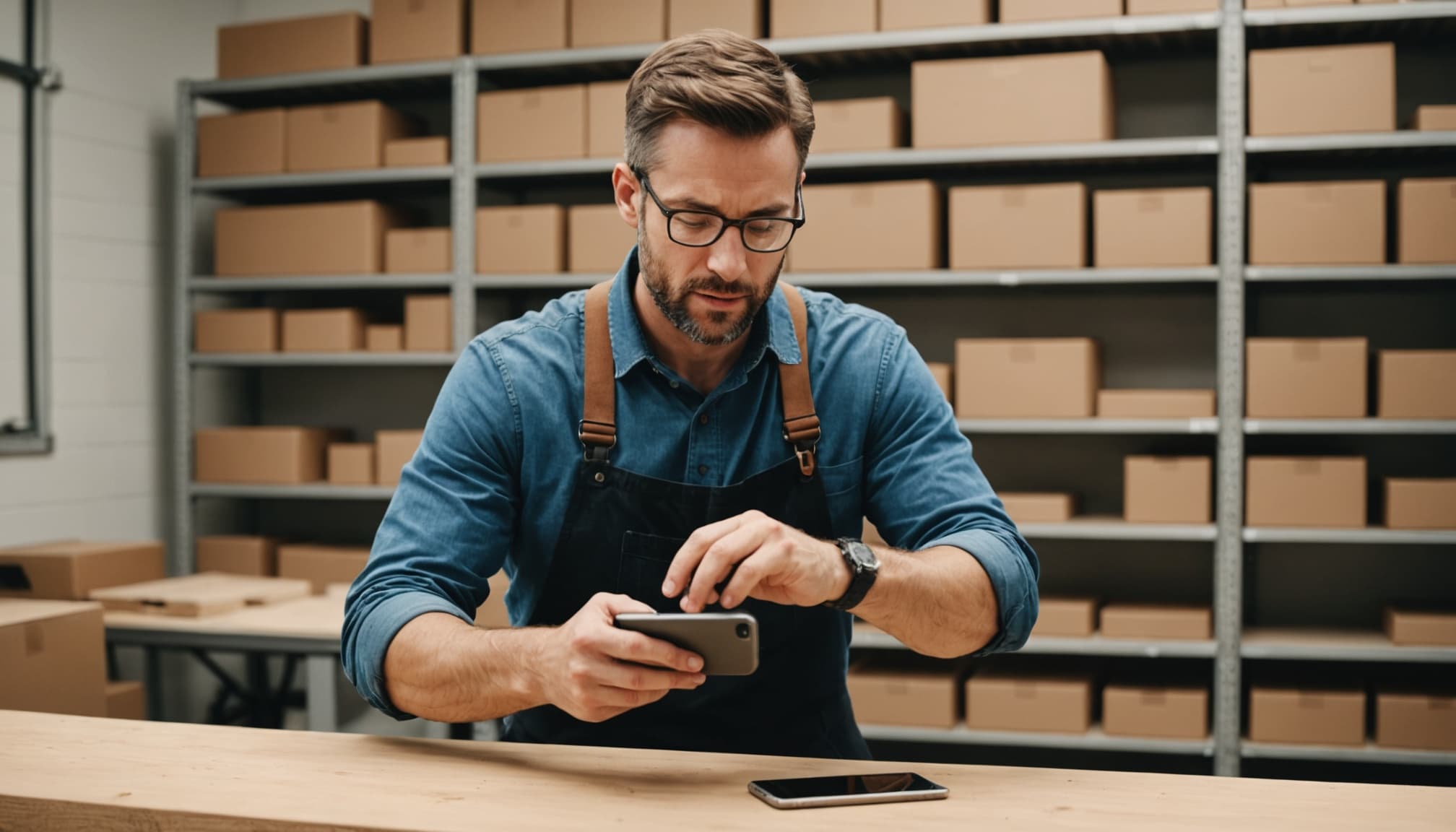 Small business owner filming a product demonstration with a phone in a workshop