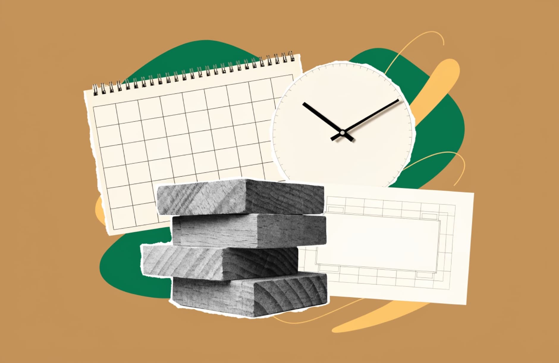 Editorial collage of a calendar, clock, plans, and a strong foundation.