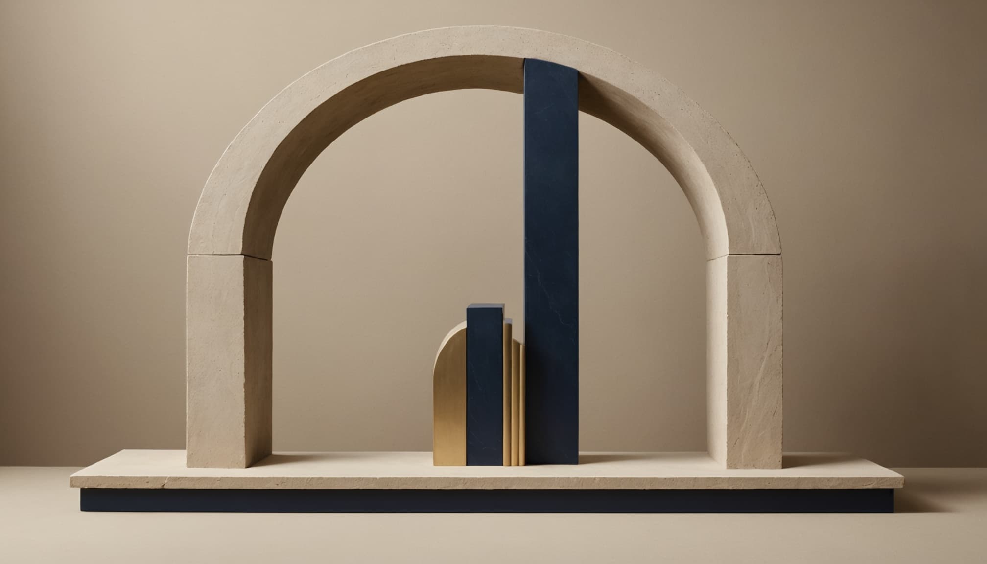 Abstract architectural arch with a brass counterweight supported by layered stone and navy steel