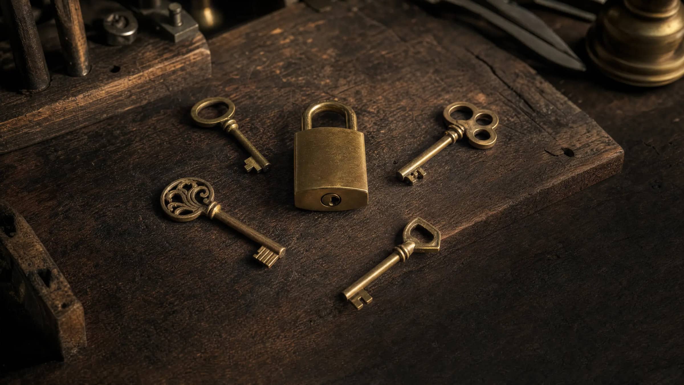 Five distinct brass keys prepared before a funding decision