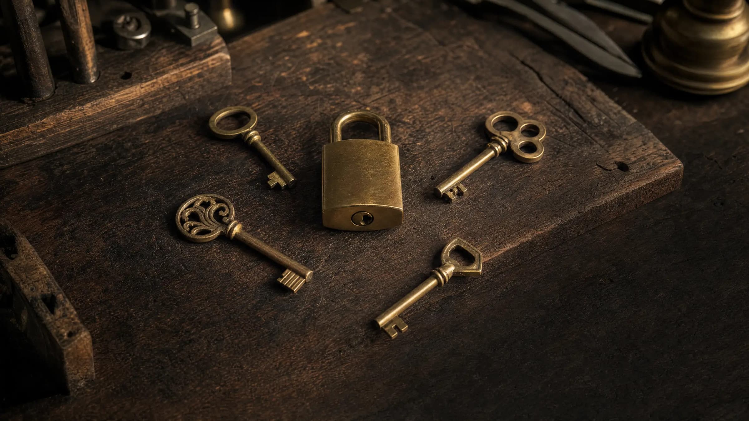Five distinct brass keys prepared before a funding decision