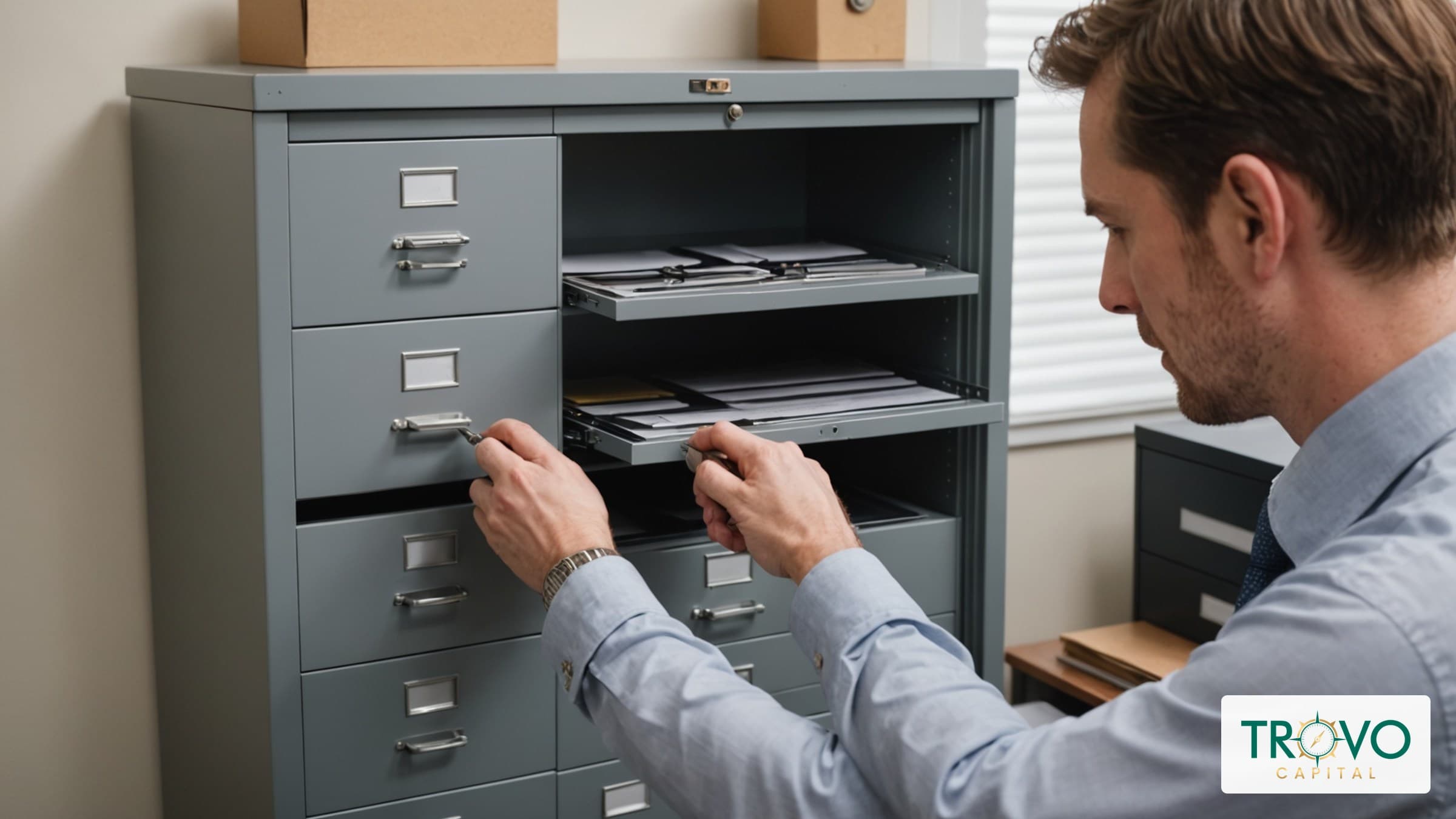 Office manager closing a lockable records cabinet in a modest business back office.