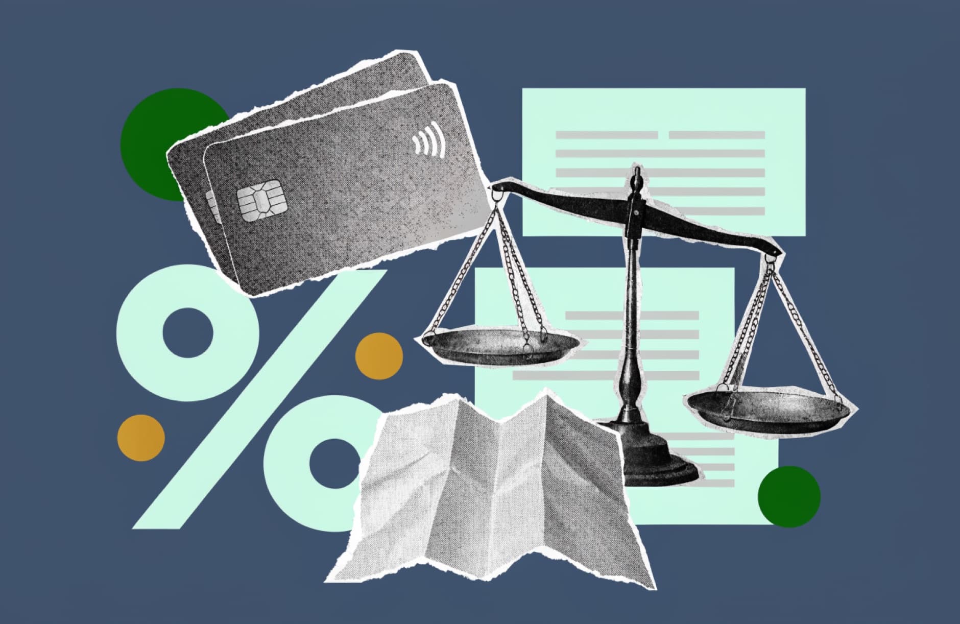 Editorial collage comparing a credit card, interest rate, and balanced options.