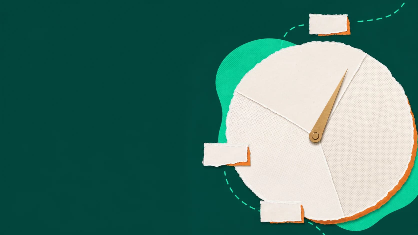 Torn-paper planning dial with a gold compass needle and a mint route through three milestones.