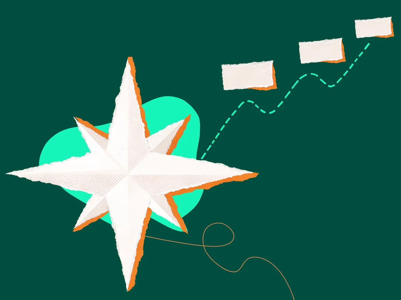 Paper-collage compass rose charting a dashed route that climbs through milestone markers